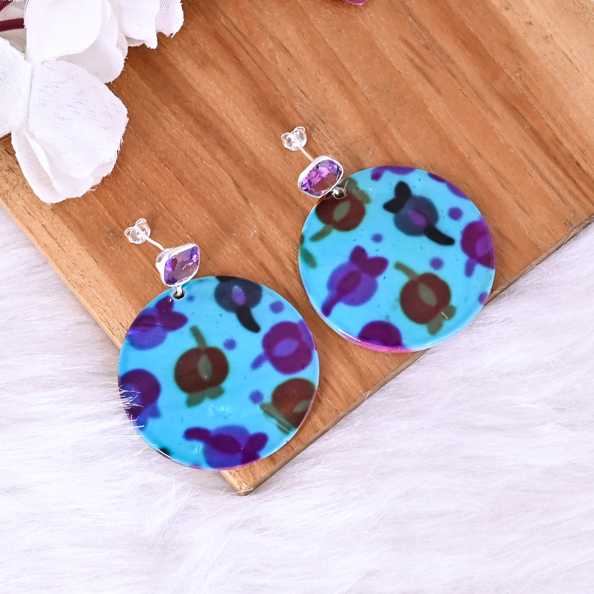 Amethyst Mother of Pearl Resin Art Dangle Earring 925 Sterling Silver
