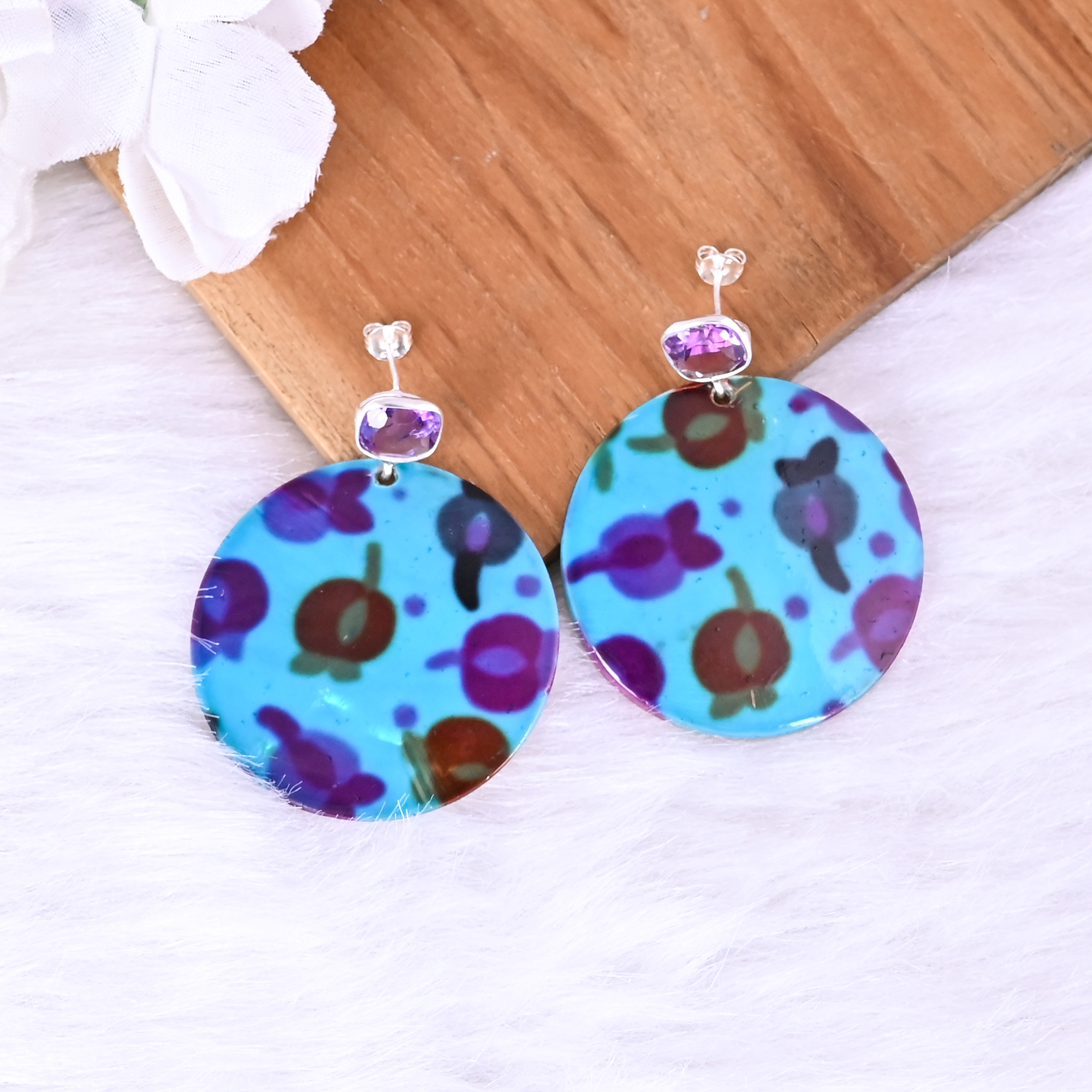 Amethyst  Mother of Pearl Resin Art Dangle Earring  925 Sterling Silver