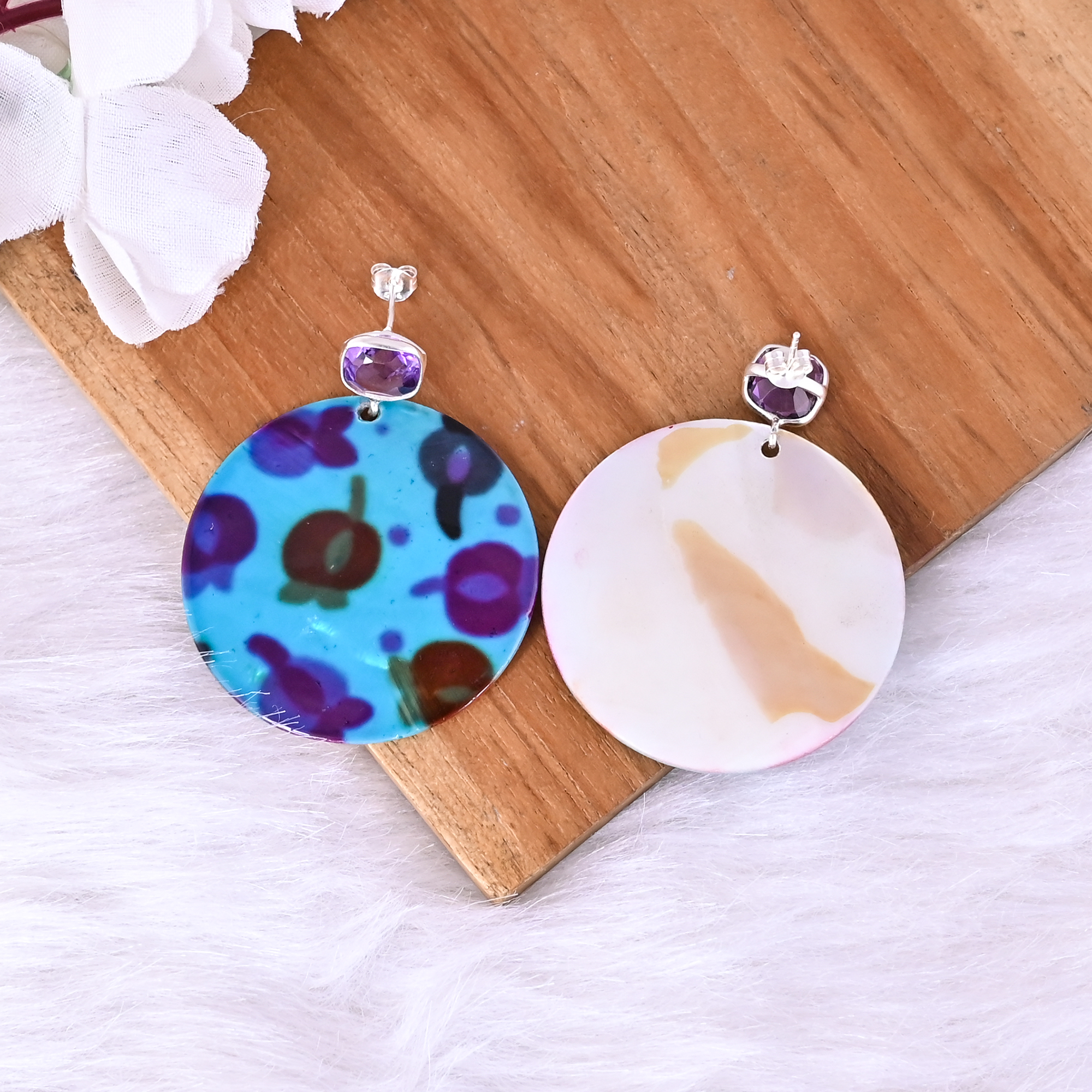 Amethyst  Mother of Pearl Resin Art Dangle Earring  925 Sterling Silver