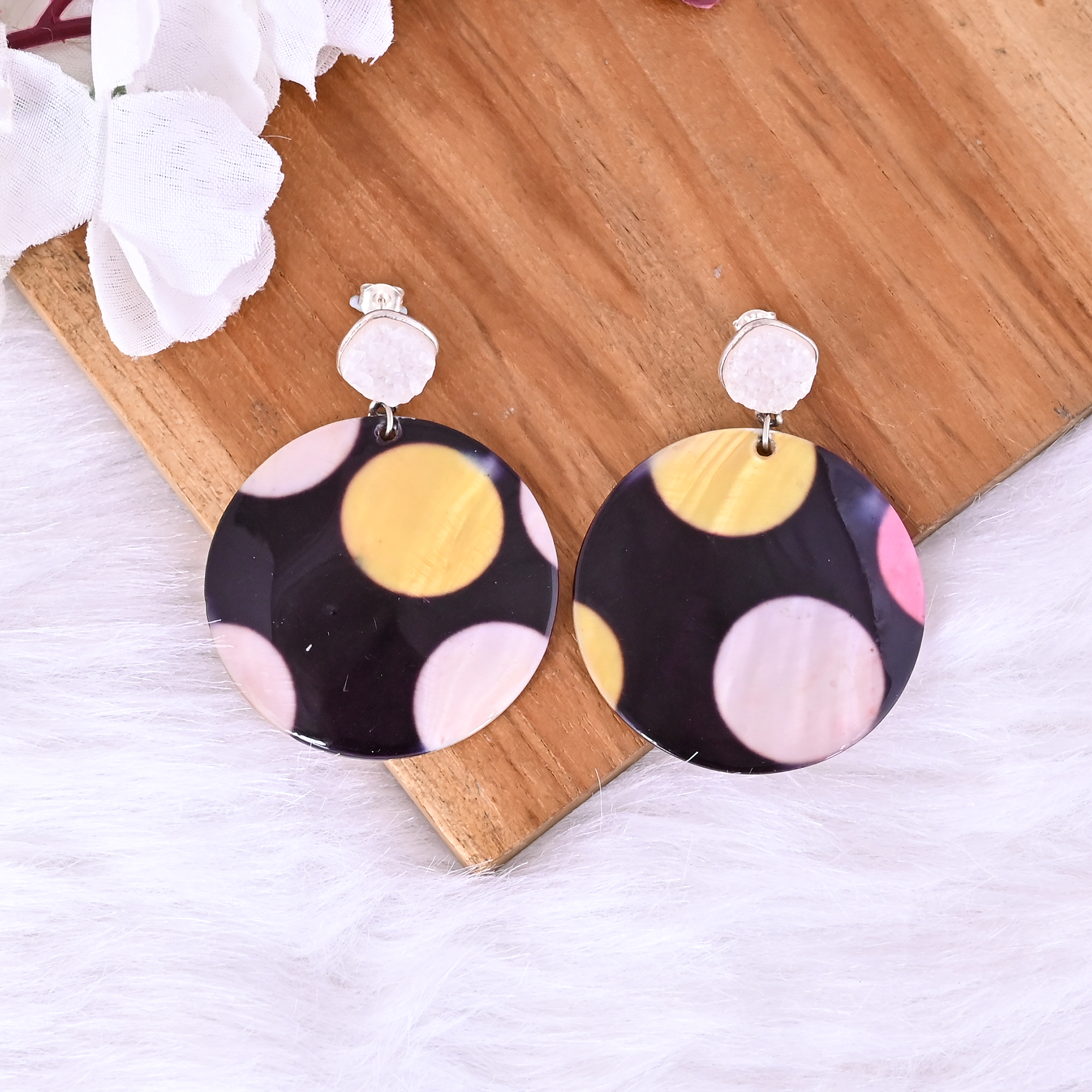 White Druzy  Mother of Pearl Resin Art Dangle Earring  925 Sterling Silver