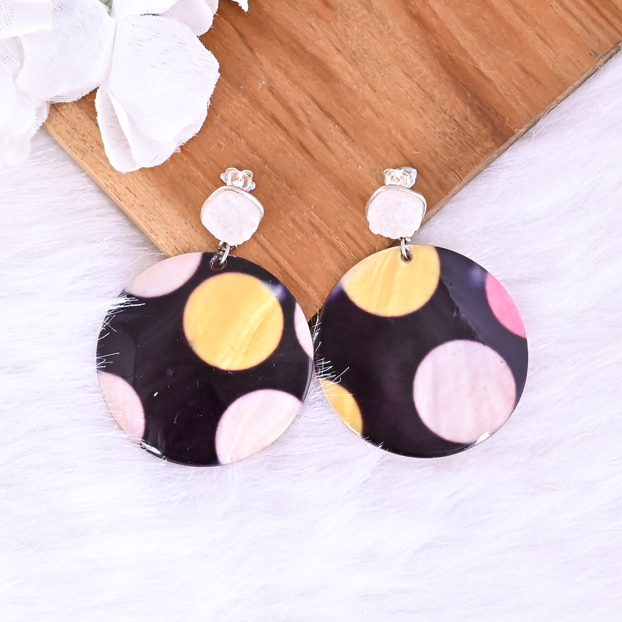 White Druzy Mother of Pearl Resin Art Dangle Earring 925 Sterling Silver