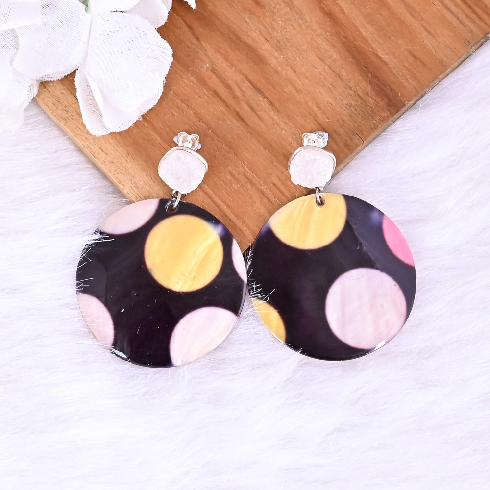 Image of White Druzy &amp; Mother of Pearl Resin Art Dangle Earring | 925 Sterling Silver