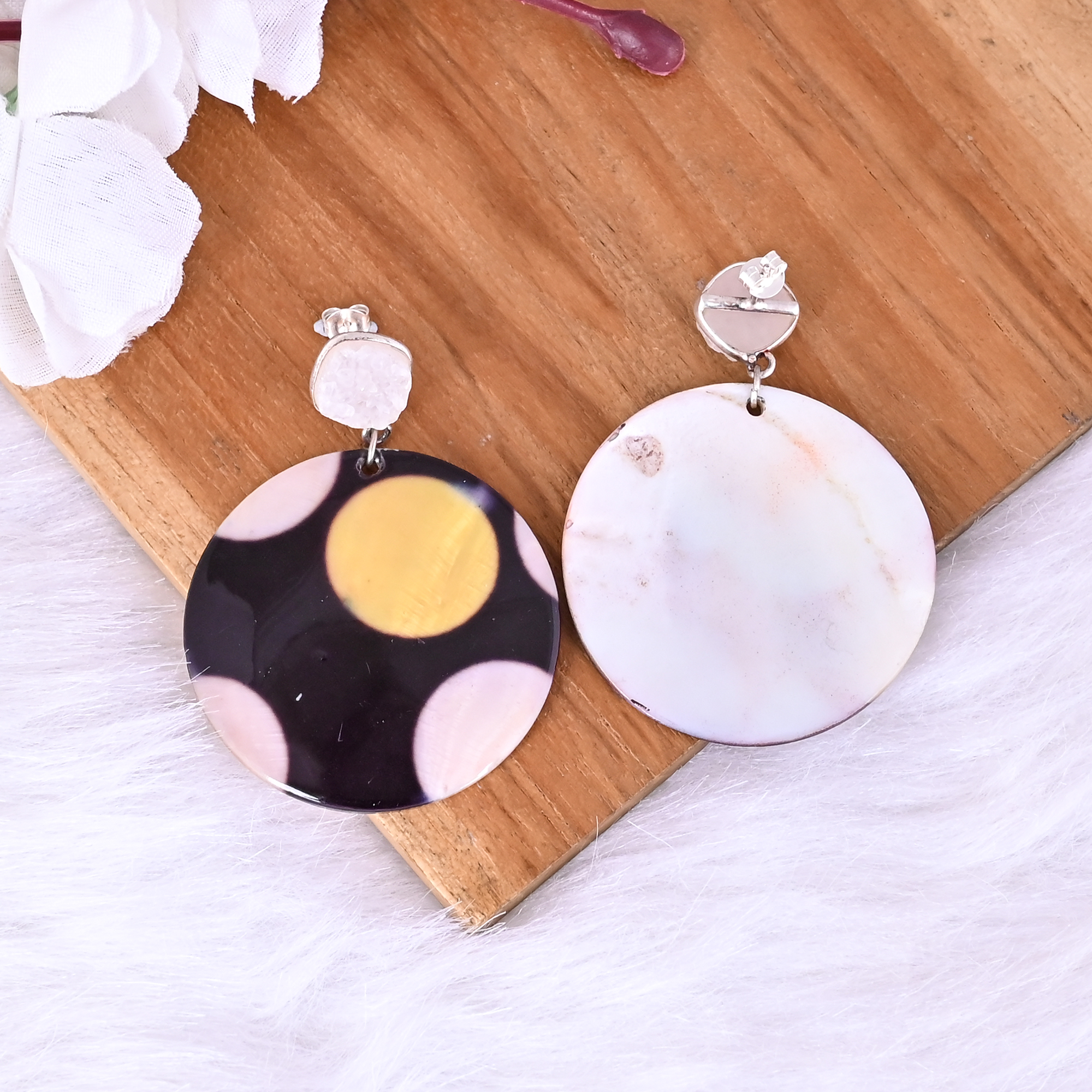 White Druzy Mother of Pearl Resin Art Dangle Earring 925 Sterling Silver