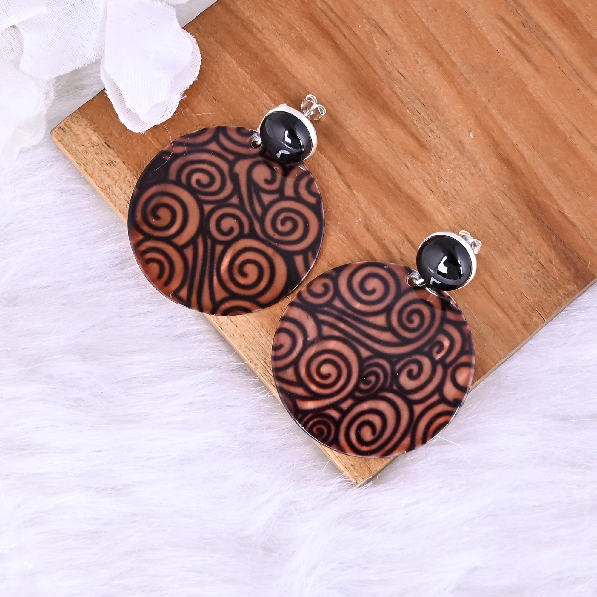 Natural Black Onyx  Mother of Pearl Resin Art Dangle Earring  925 Sterling Silver