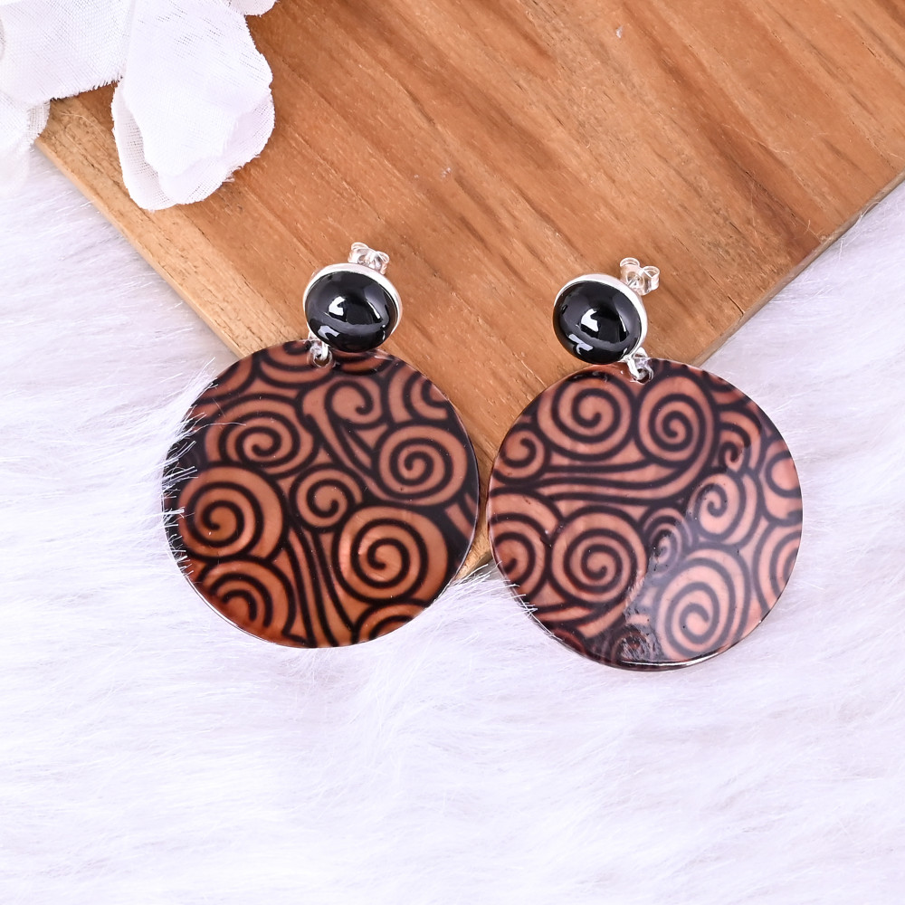 Image of Natural Black Onyx &amp; Mother of Pearl Resin Art Dangle Earring | 925 Sterling Silver
