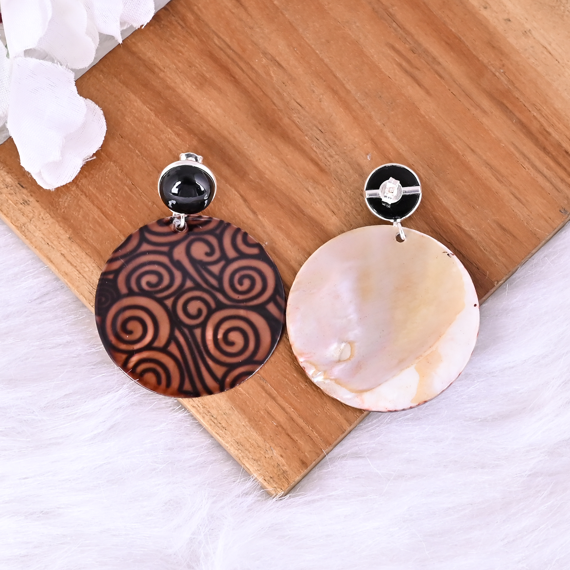 Natural Black Onyx Mother of Pearl Resin Art Dangle Earring 925 Sterling Silver