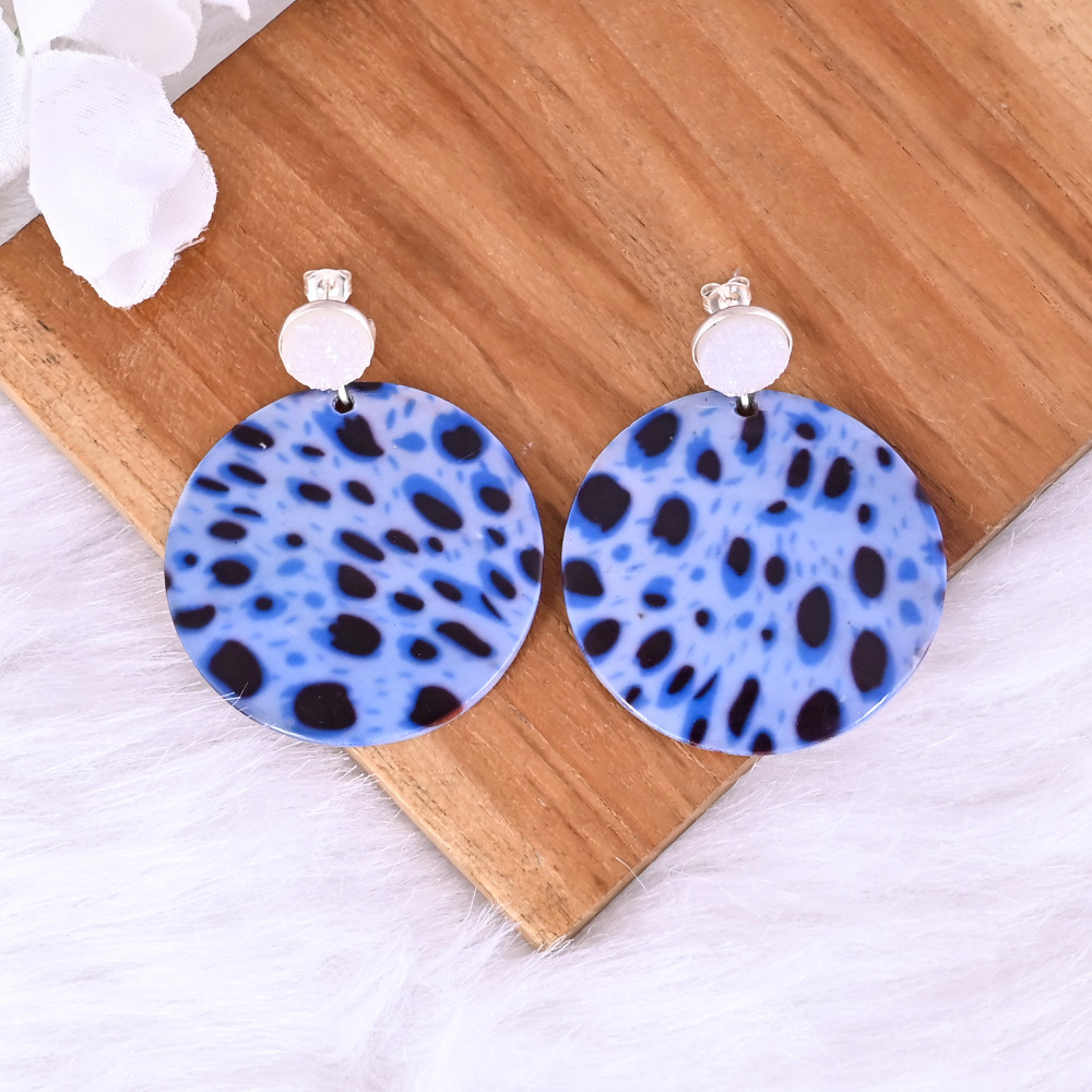 Image of White Druzy &amp; Mother of Pearl Resin Art Dangle Earring | 925 Sterling Silver