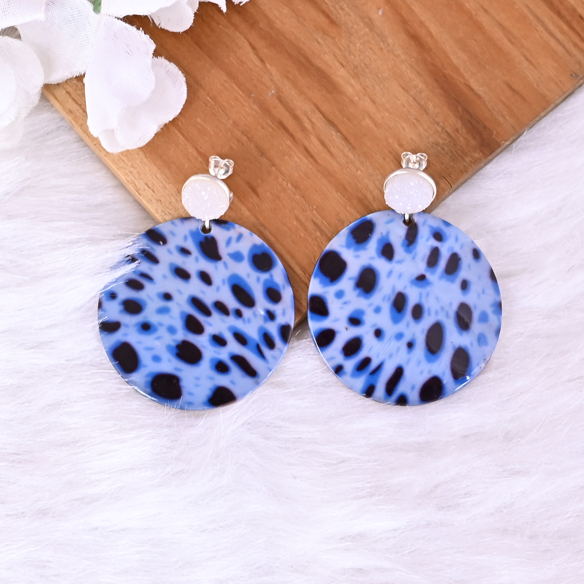 White Druzy  Mother of Pearl Resin Art Dangle Earring  925 Sterling Silver