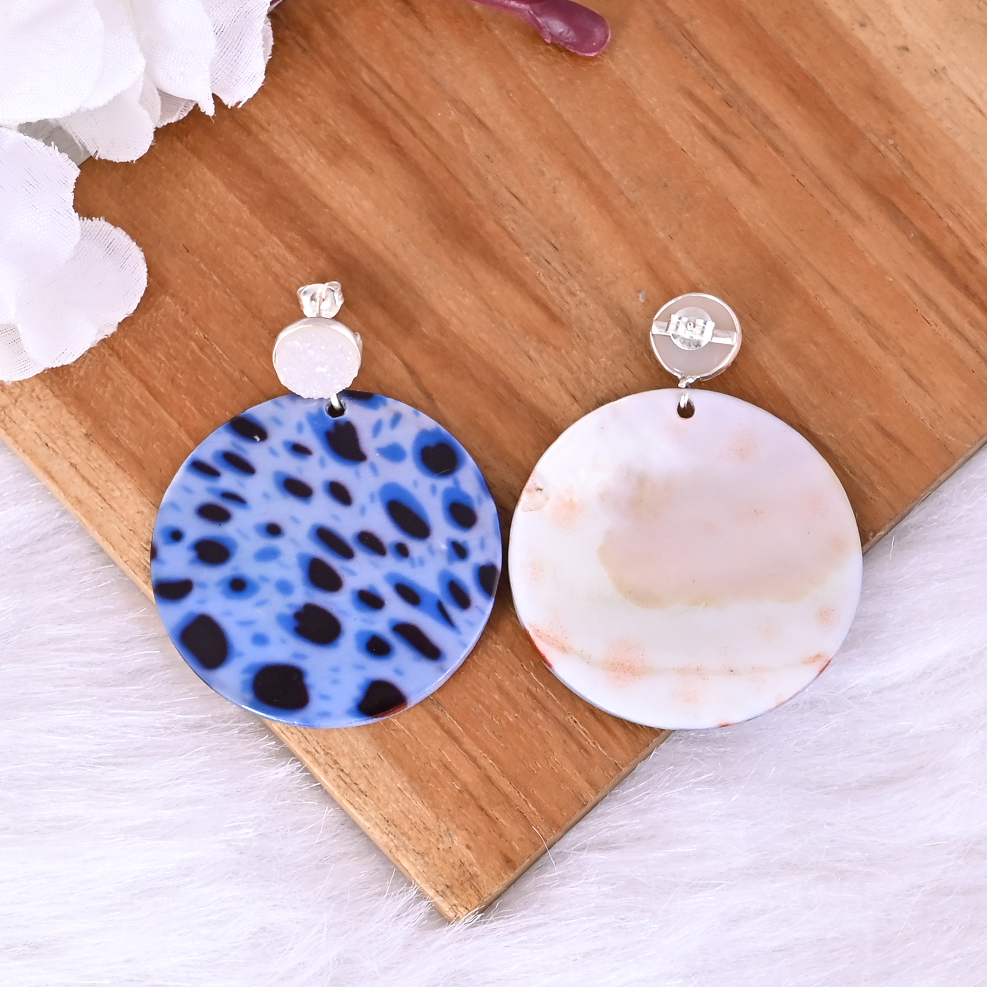 White Druzy  Mother of Pearl Resin Art Dangle Earring  925 Sterling Silver