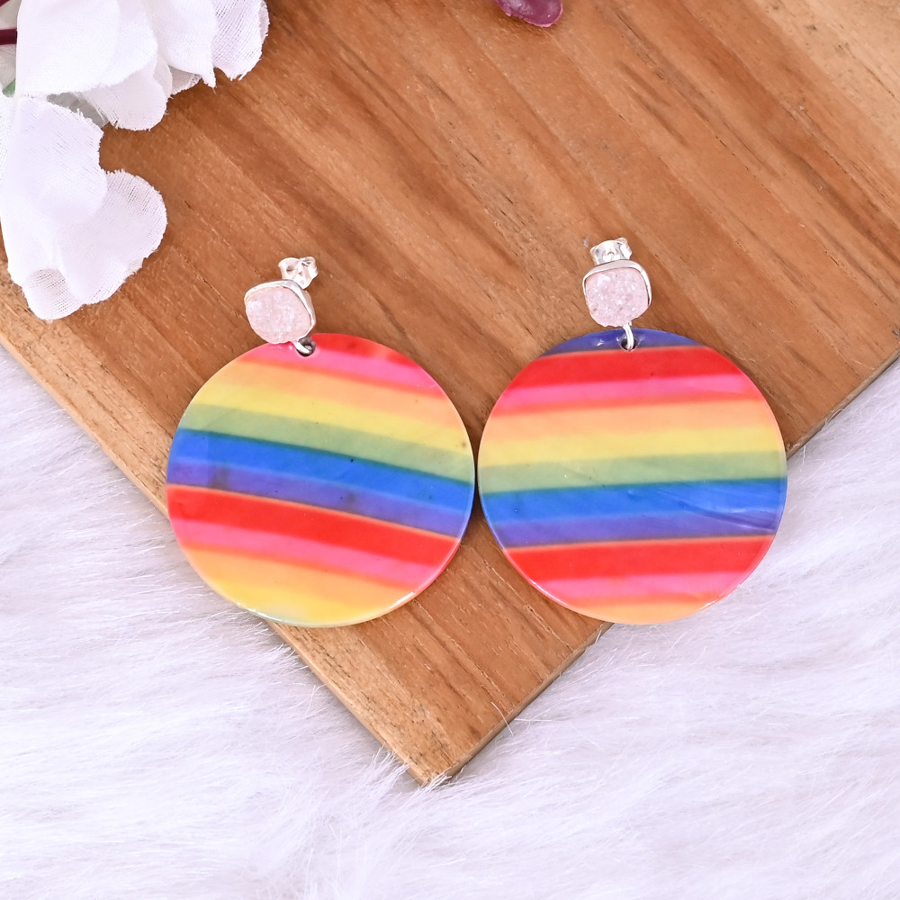 Image of Natural White Druzy &amp; Mother of Pearl Resin Art Dangle Earring | 925 Sterling Silver