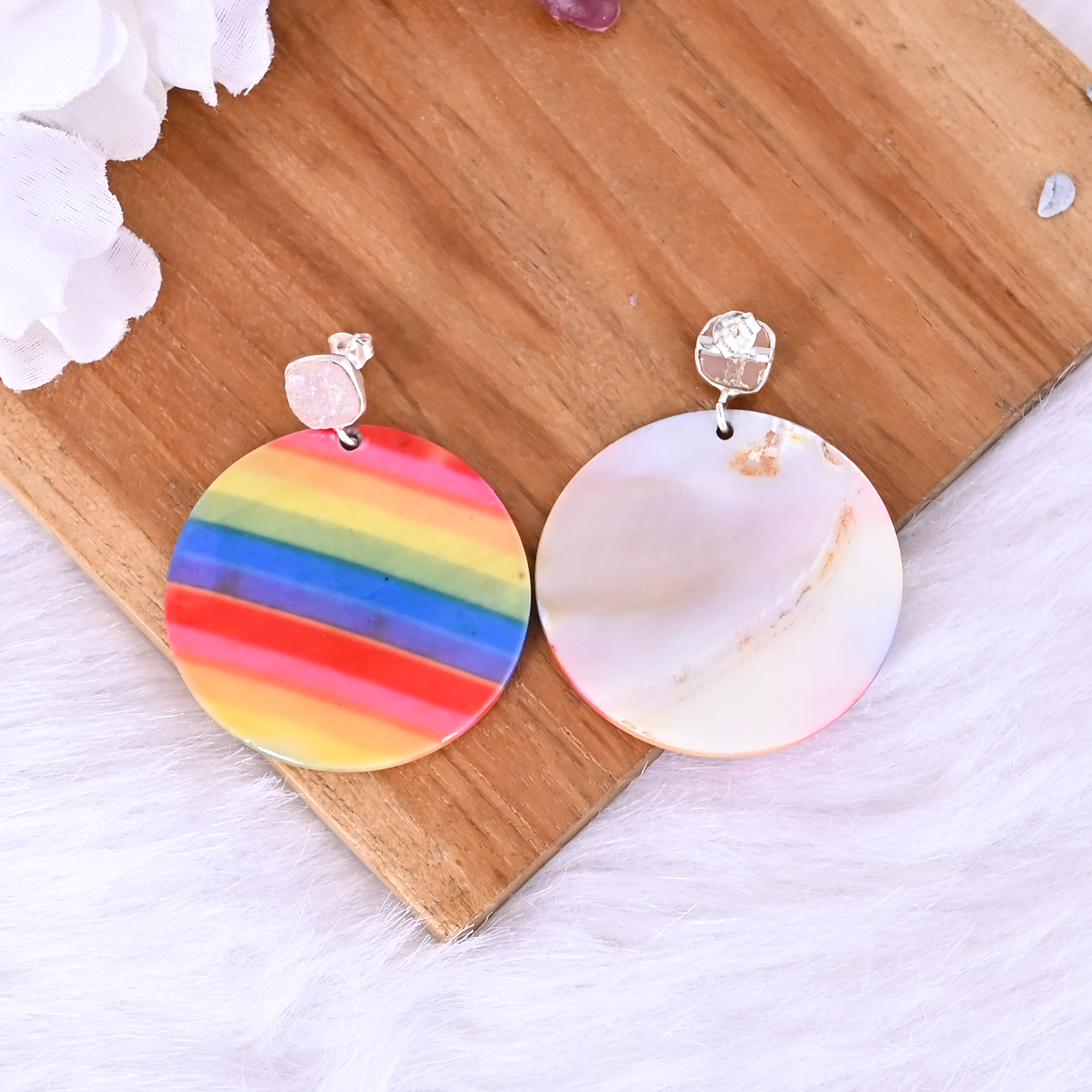 Natural White Druzy  Mother of Pearl Resin Art Dangle Earring  925 Sterling Silver
