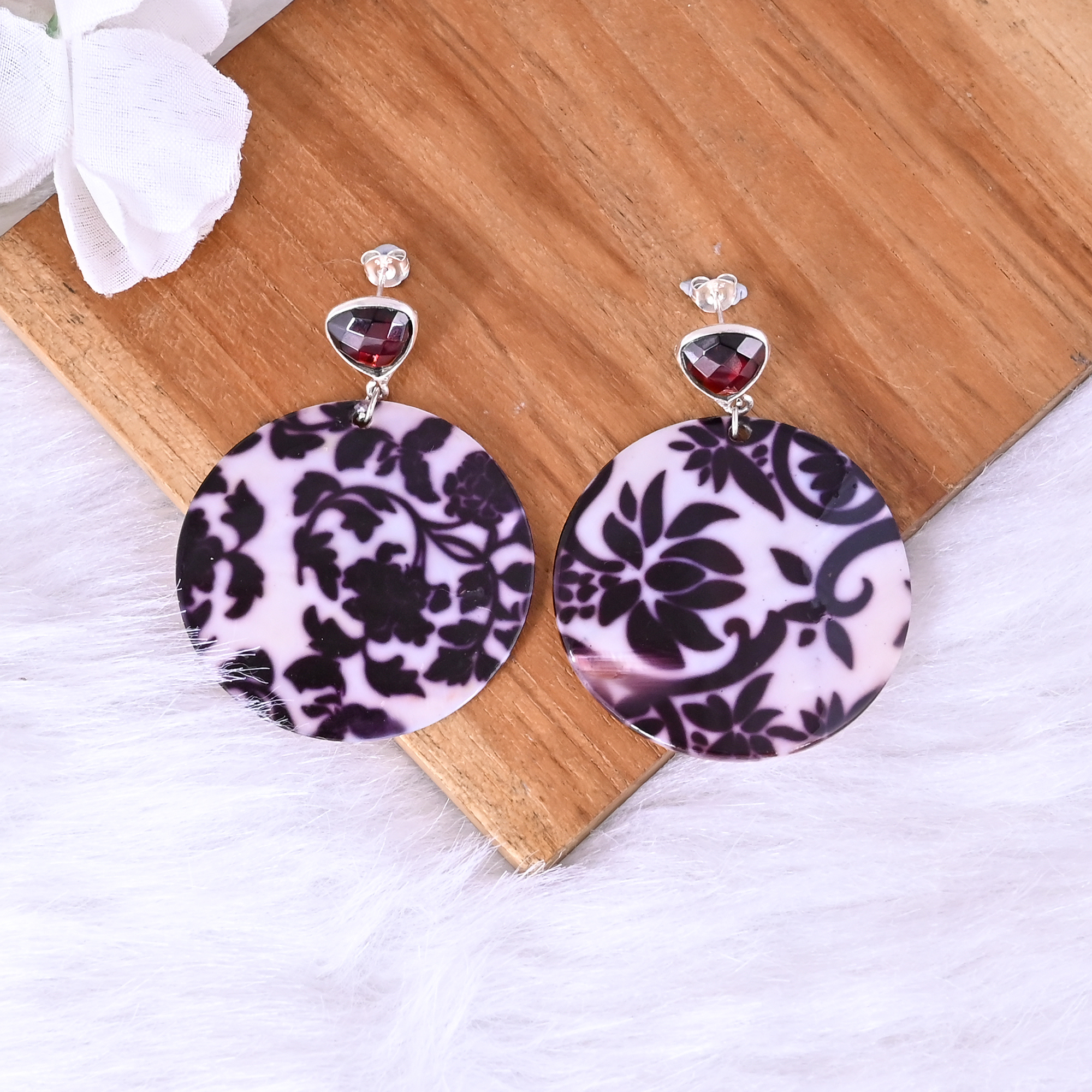 Garnet Hydro Mother of Pearl Resin Art Dangle Earring 925 Sterling Silver