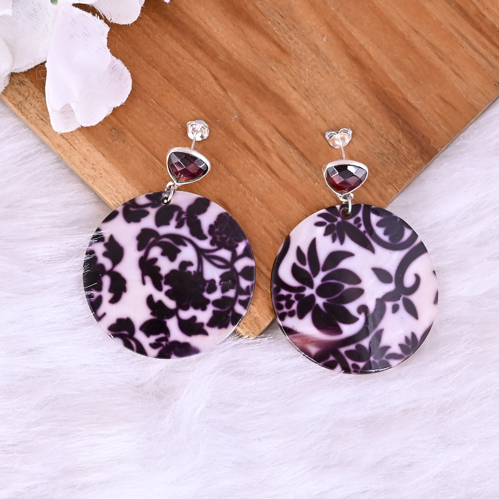 Garnet Hydro  Mother of Pearl Resin Art Dangle Earring  925 Sterling Silver