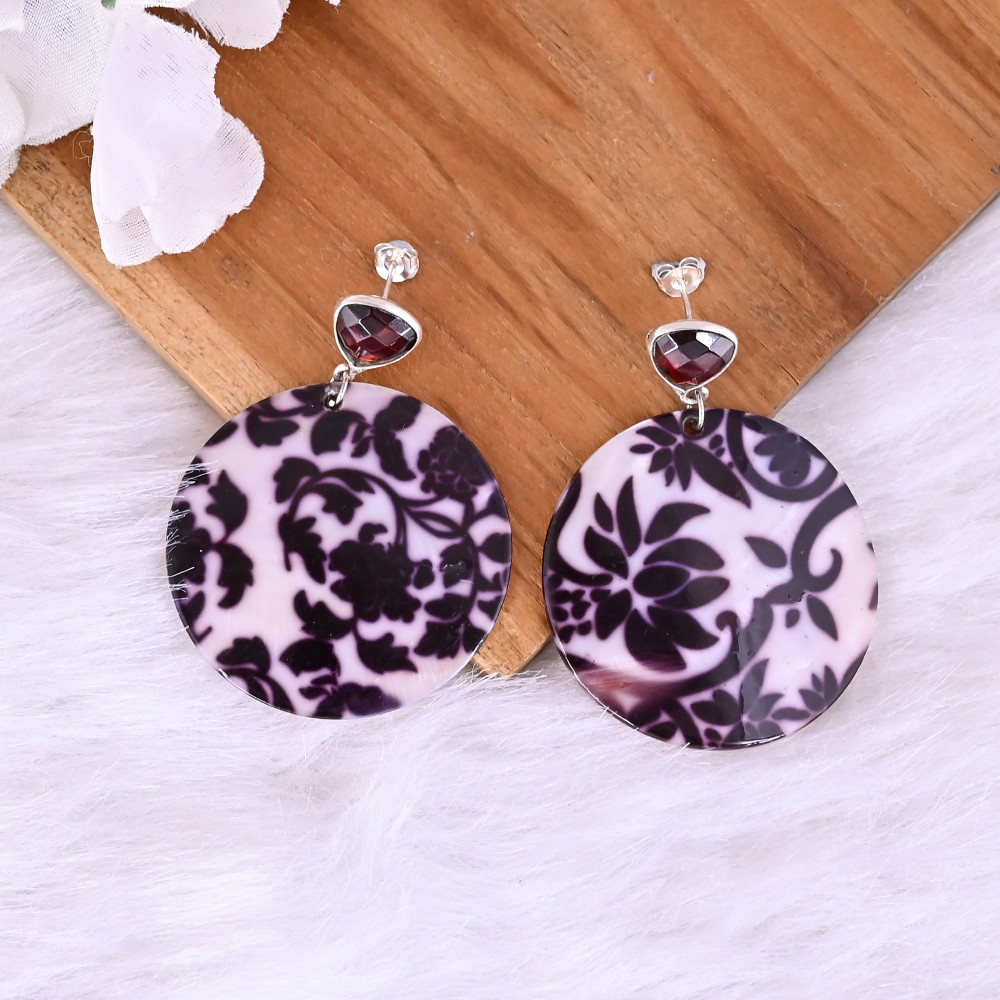 Image of Garnet Hydro &amp; Mother of Pearl Resin Art Dangle Earring | 925 Sterling Silver