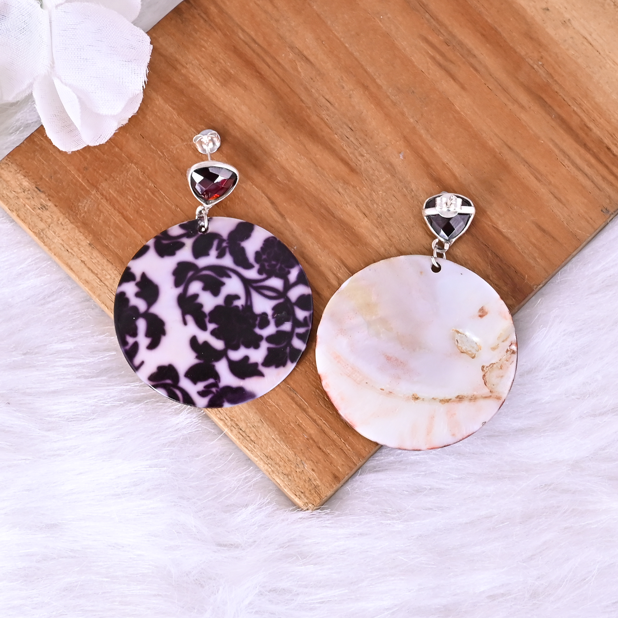 Garnet Hydro  Mother of Pearl Resin Art Dangle Earring  925 Sterling Silver