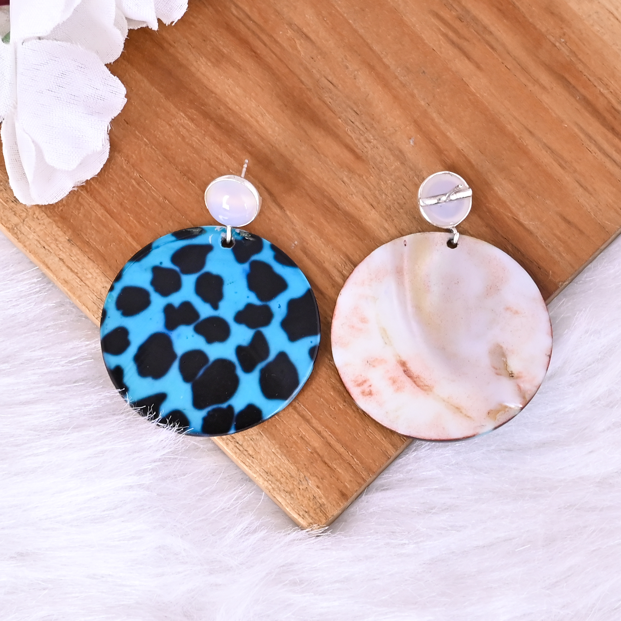 Natural Chalcedony   Mother of Pearl Resin Art Dangle Earring  925 Sterling Silver