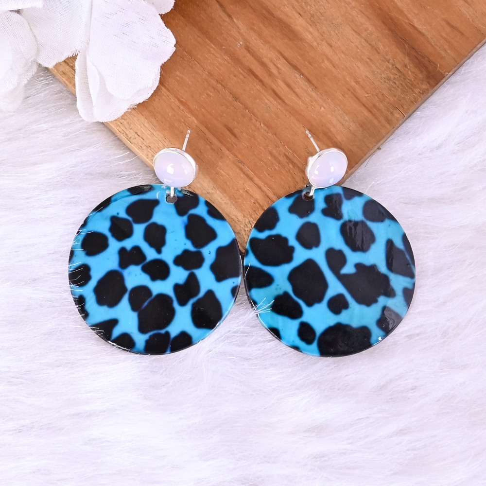 Image of Natural Chalcedony  &amp; Mother of Pearl Resin Art Dangle Earring | 925 Sterling Silver