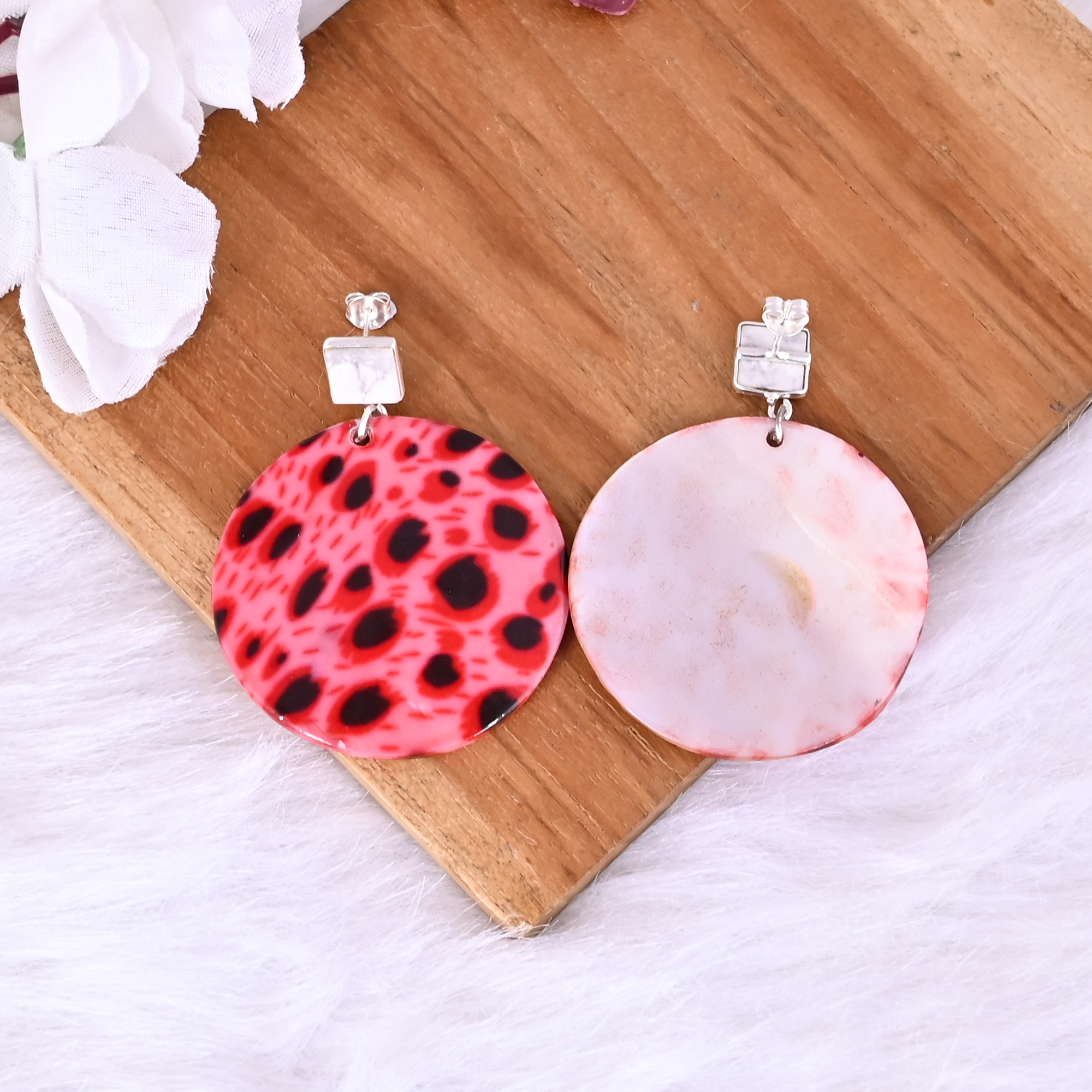 Natural Howlite  Mother of Pearl Resin Art Dangle Earring  925 Sterling Silver