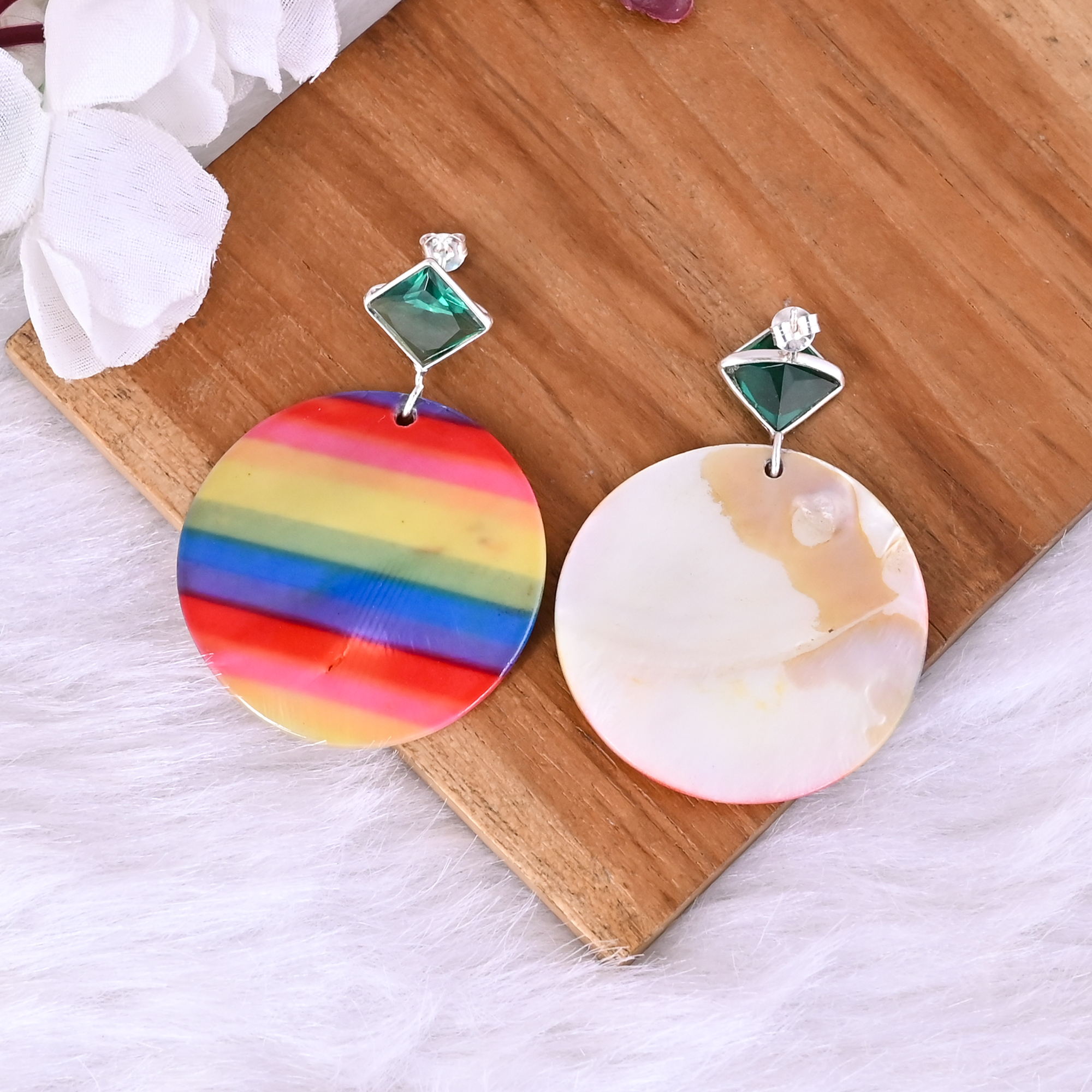 Green Apatite  Mother of Pearl Resin Art Dangle Earring  925 Sterling Silver