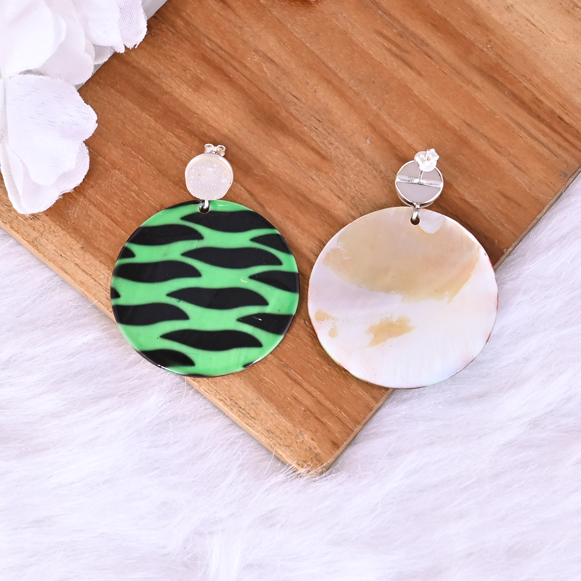 White Druzy Mother of Pearl Resin Art Dangle Earring 925 Sterling Silver