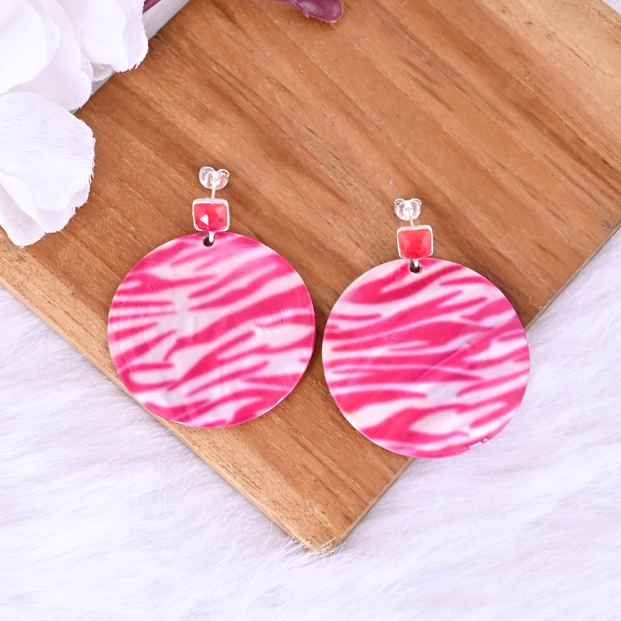 Fuchsia Chalcedony Mother of Pearl Resin Art Dangle Earring 925 Sterling Silver