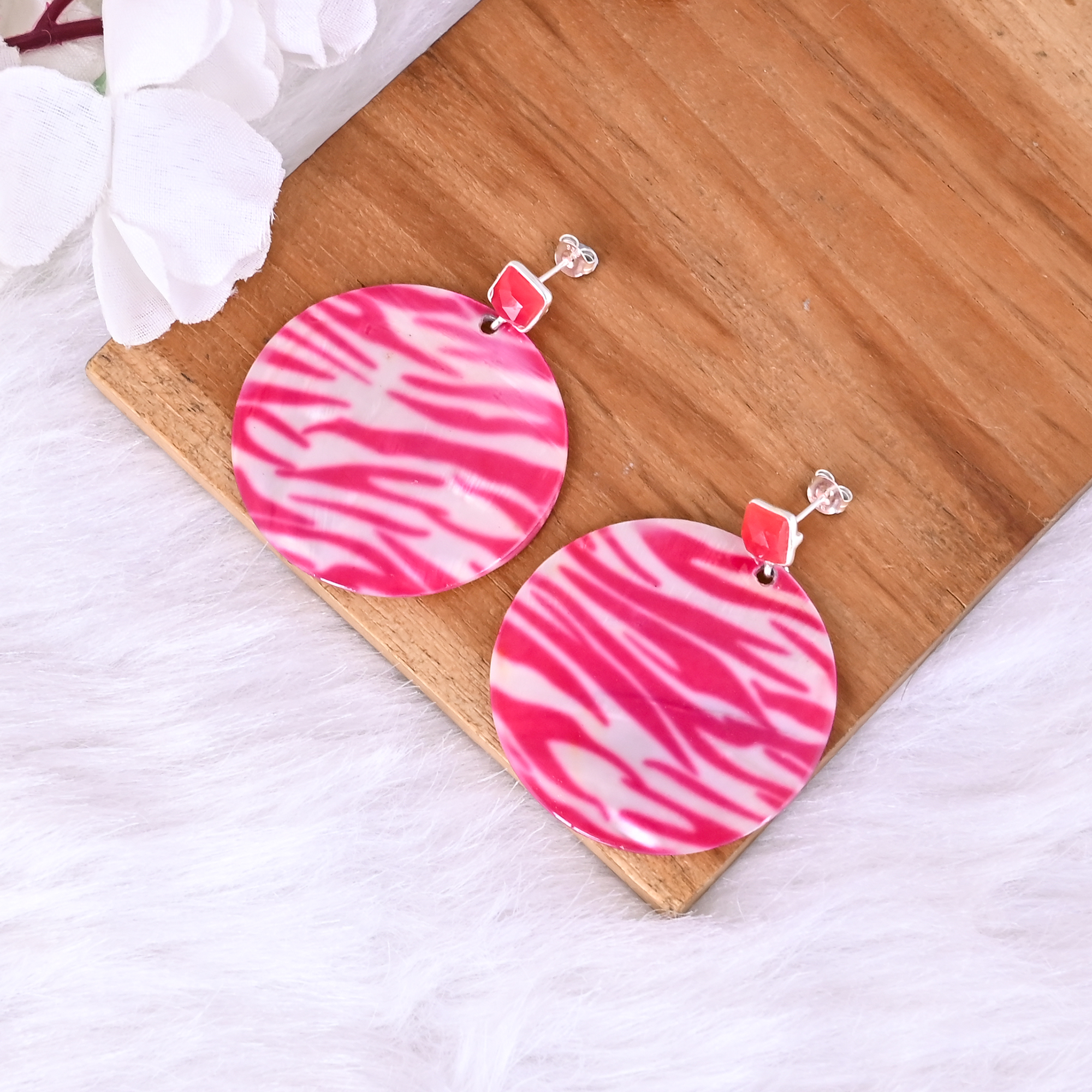 Fuchsia Chalcedony  Mother of Pearl Resin Art Dangle Earring  925 Sterling Silver