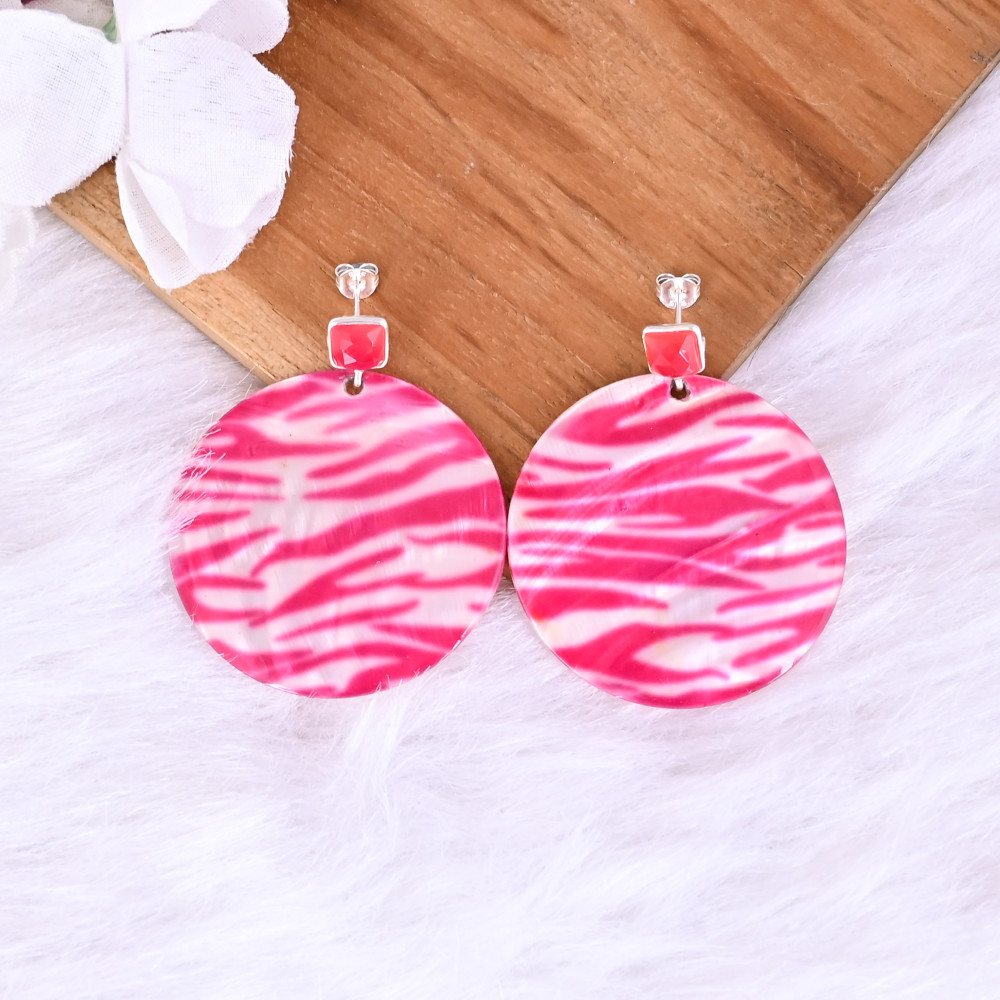 Image of Fuchsia Chalcedony &amp; Mother of Pearl Resin Art Dangle Earring | 925 Sterling Silver