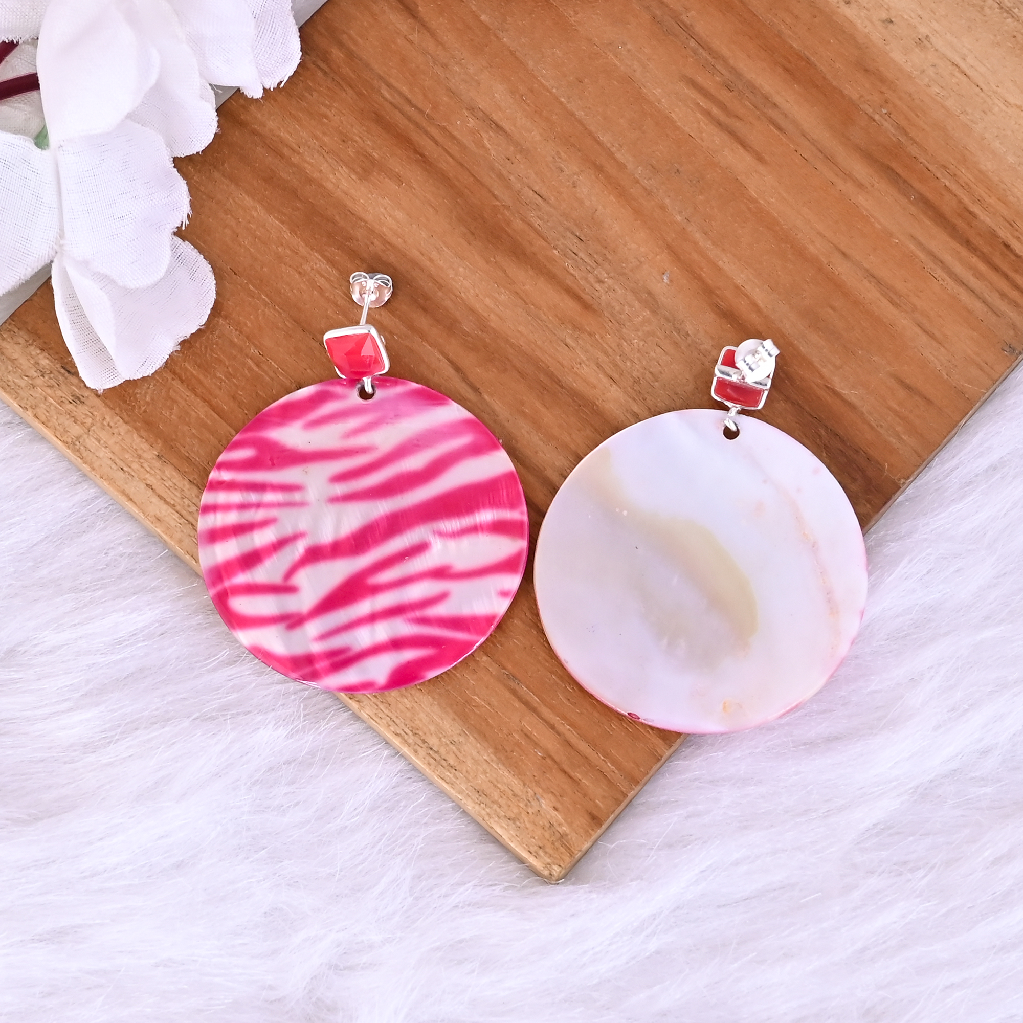 Fuchsia Chalcedony Mother of Pearl Resin Art Dangle Earring 925 Sterling Silver