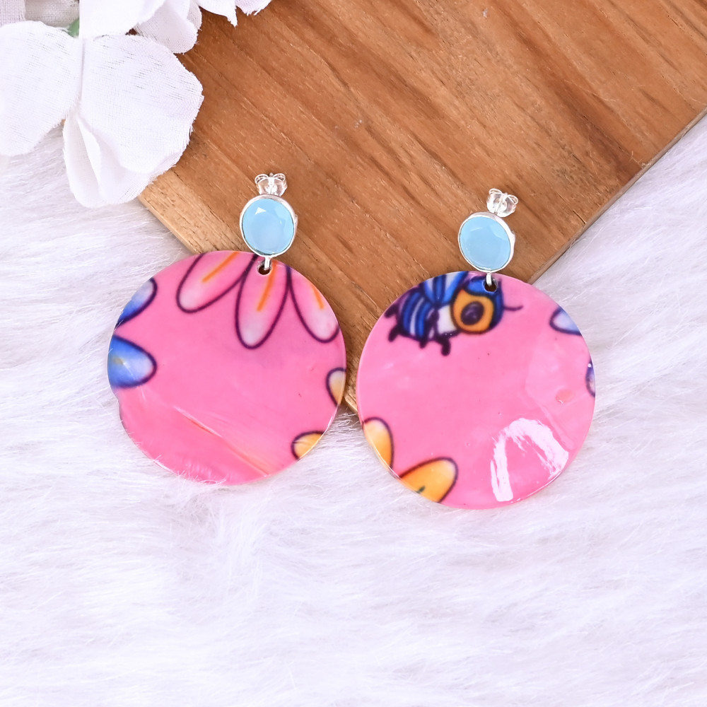 Image of Aqua Chalcedony &amp; Mother of Pearl Resin Art Dangle Earring | 925 Sterling Silver