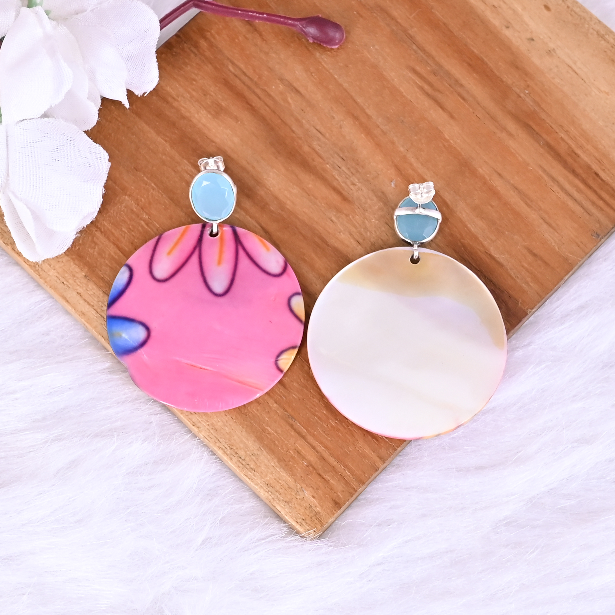 Aqua Chalcedony  Mother of Pearl Resin Art Dangle Earring  925 Sterling Silver