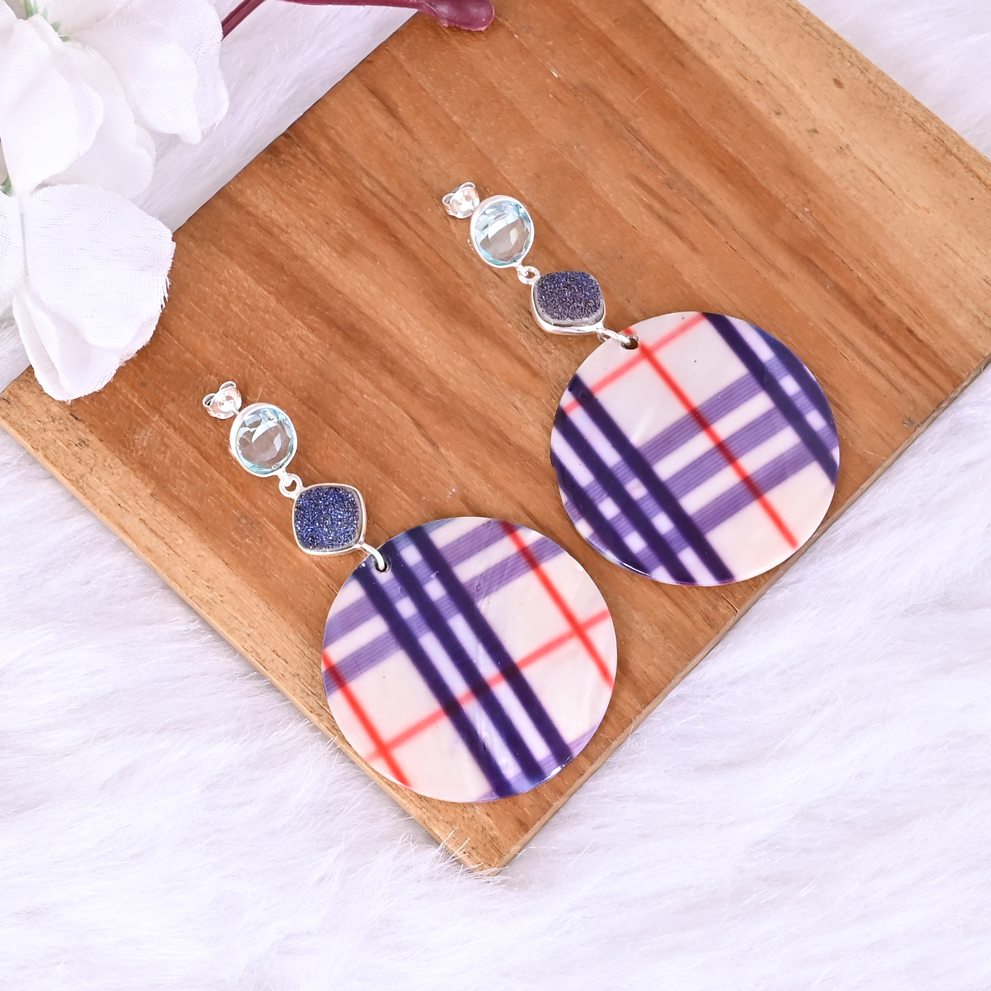 Titanium Druzy  Blue Topaz  Mother of Pearl Resin Art Dangle Earring  925 Sterling Silver