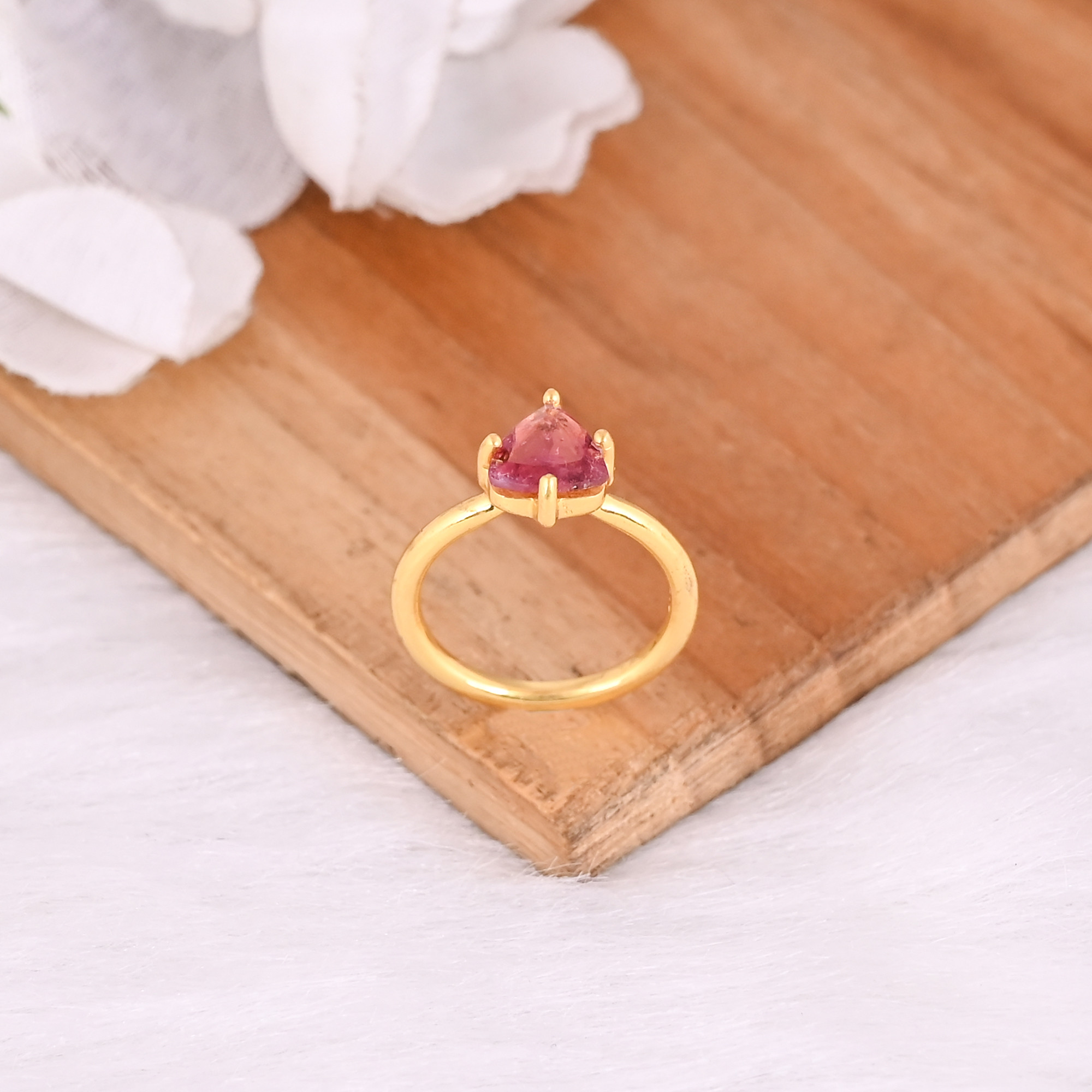 Natural Tourmaline Gemstone Solid 925 Sterling Silver Yellow Gold Plated Statement Ring Gift For Her Prong Setting Ring