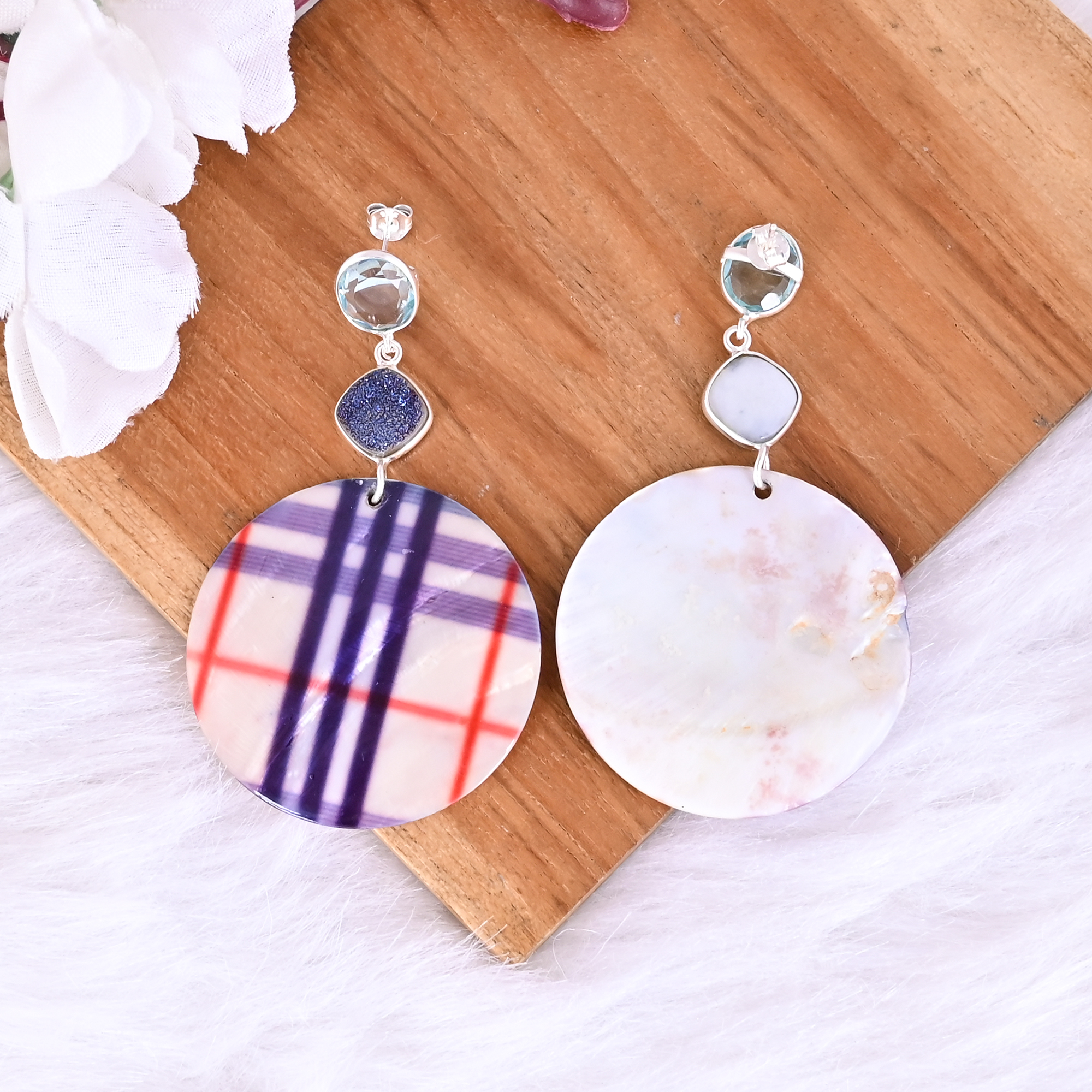 Titanium Druzy  Blue Topaz  Mother of Pearl Resin Art Dangle Earring  925 Sterling Silver
