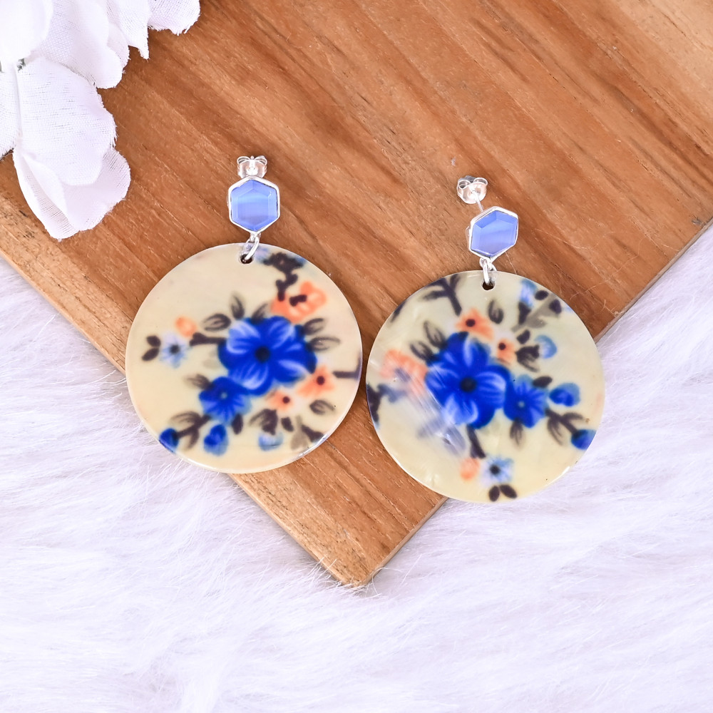 Image of Blue Cat'seye &amp; Mother of Pearl Resin Art Dangle Earring | 925 Sterling Silver