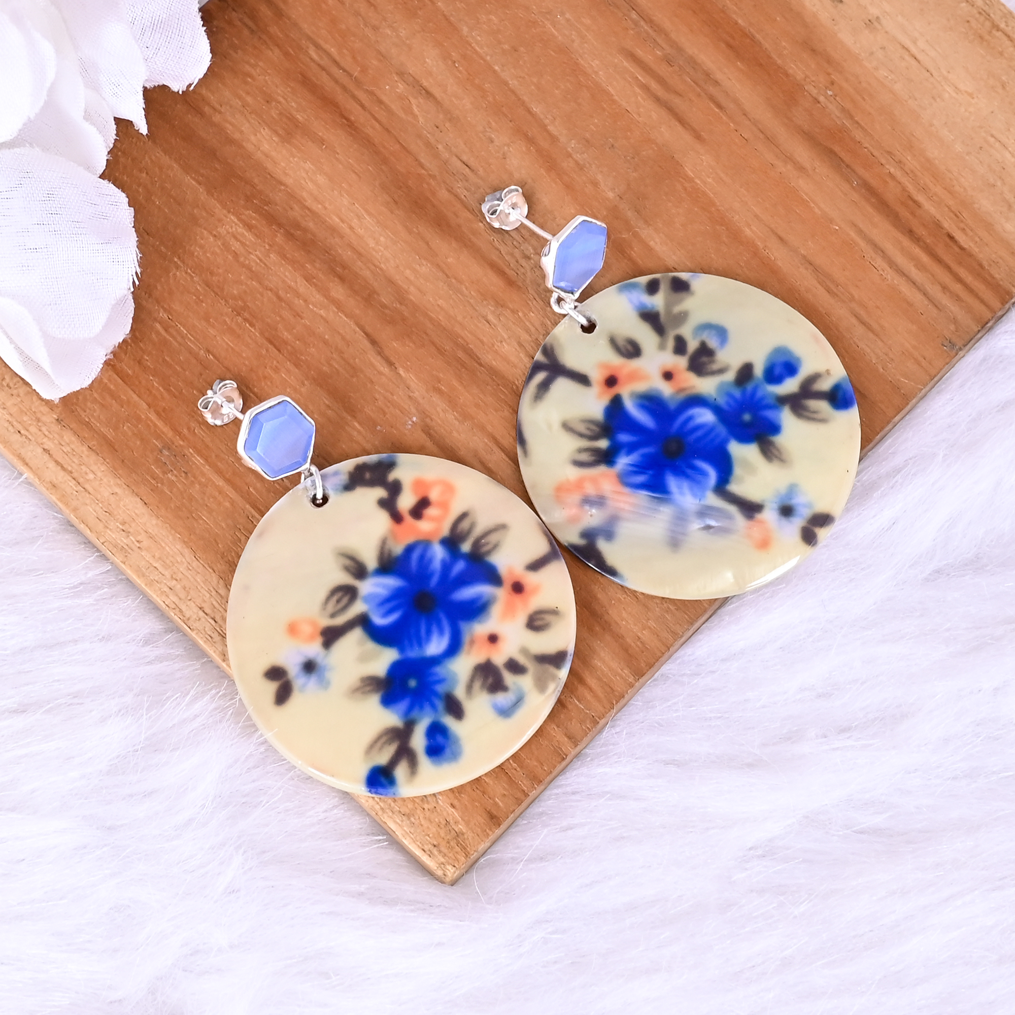 Blue Catseye Mother of Pearl Resin Art Dangle Earring 925 Sterling Silver