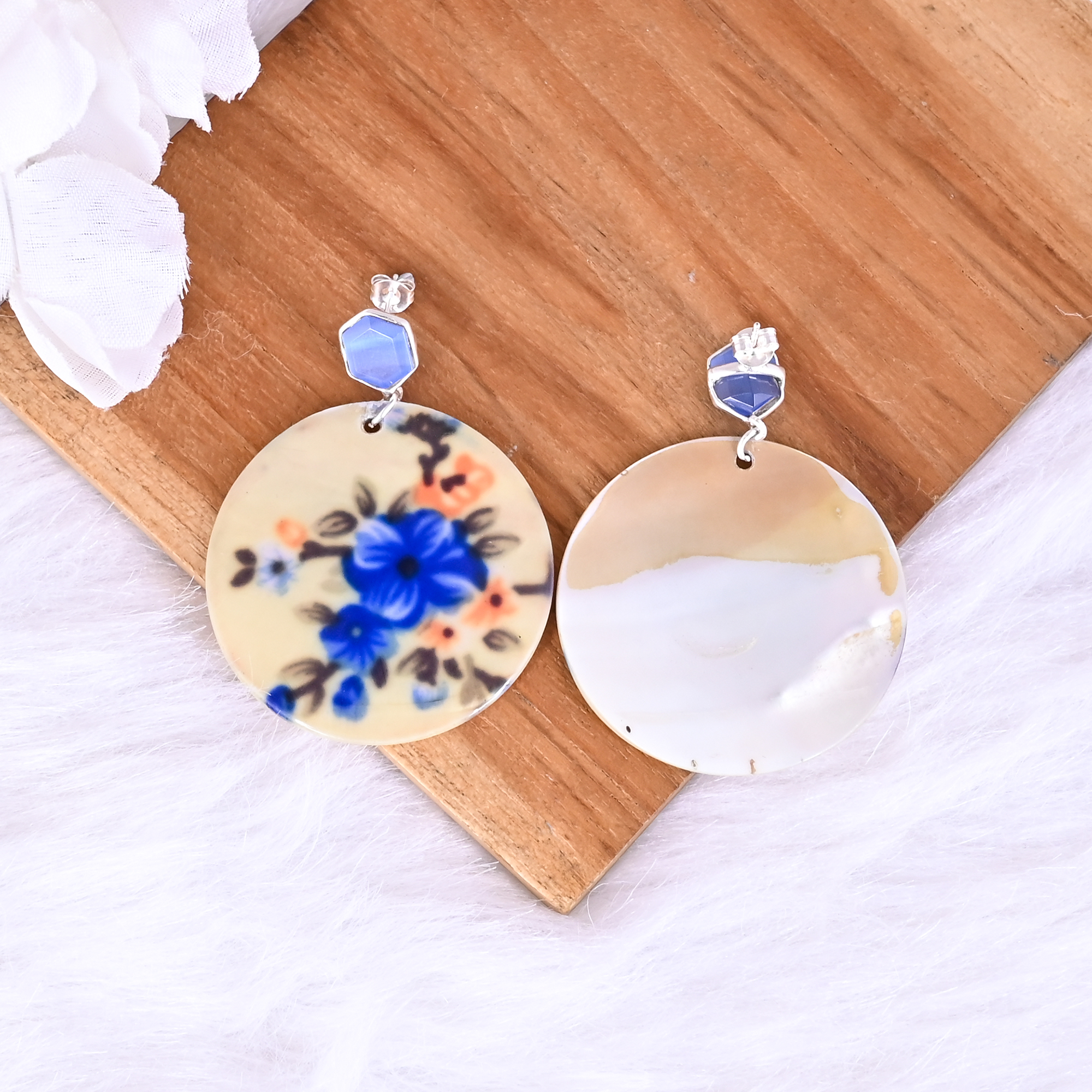 Blue Catseye  Mother of Pearl Resin Art Dangle Earring  925 Sterling Silver