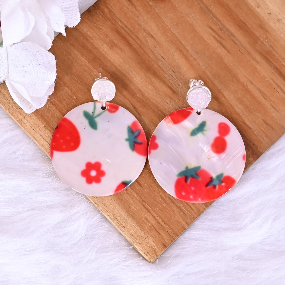 Image of White Druzy &amp; Mother of Pearl Resin Art Dangle Earring | 925 Sterling Silver