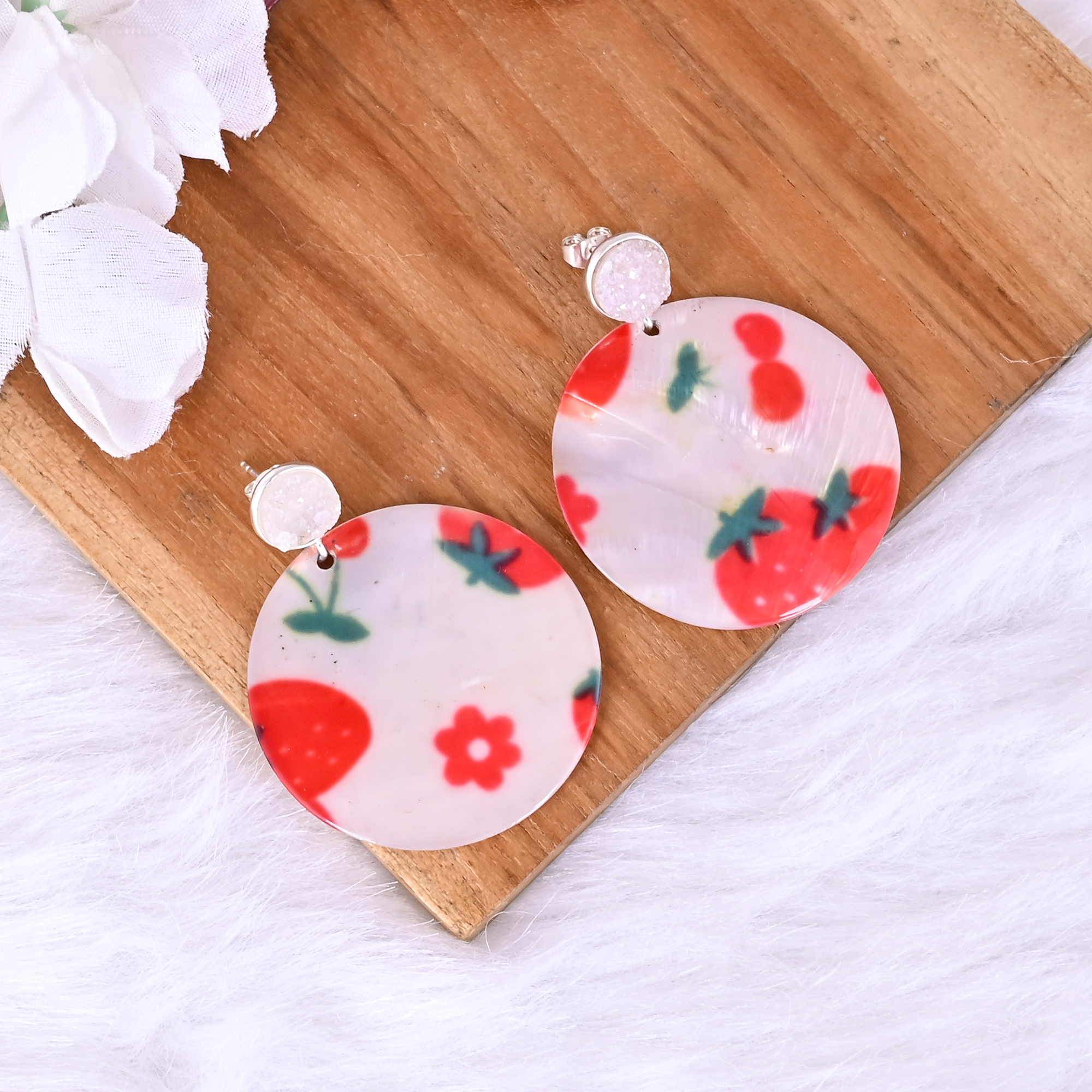 White Druzy  Mother of Pearl Resin Art Dangle Earring  925 Sterling Silver