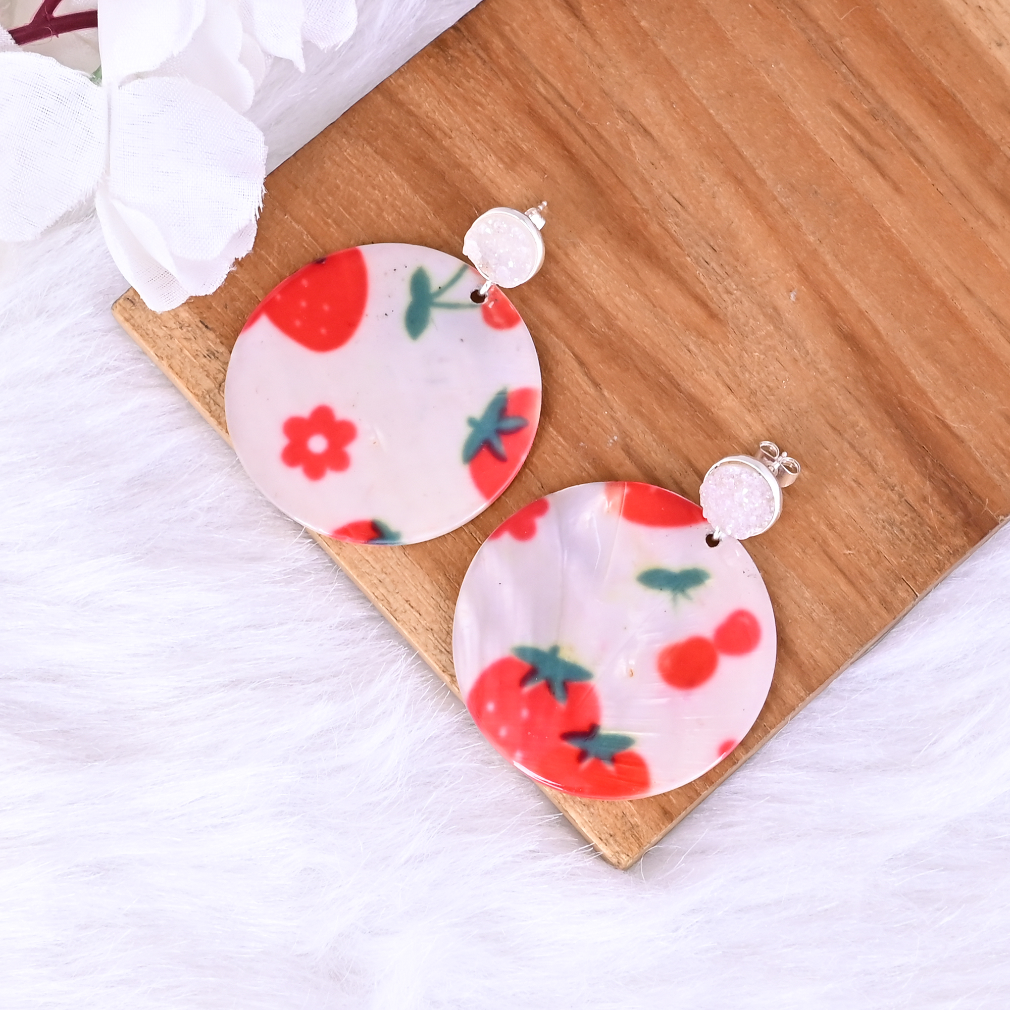 White Druzy  Mother of Pearl Resin Art Dangle Earring  925 Sterling Silver