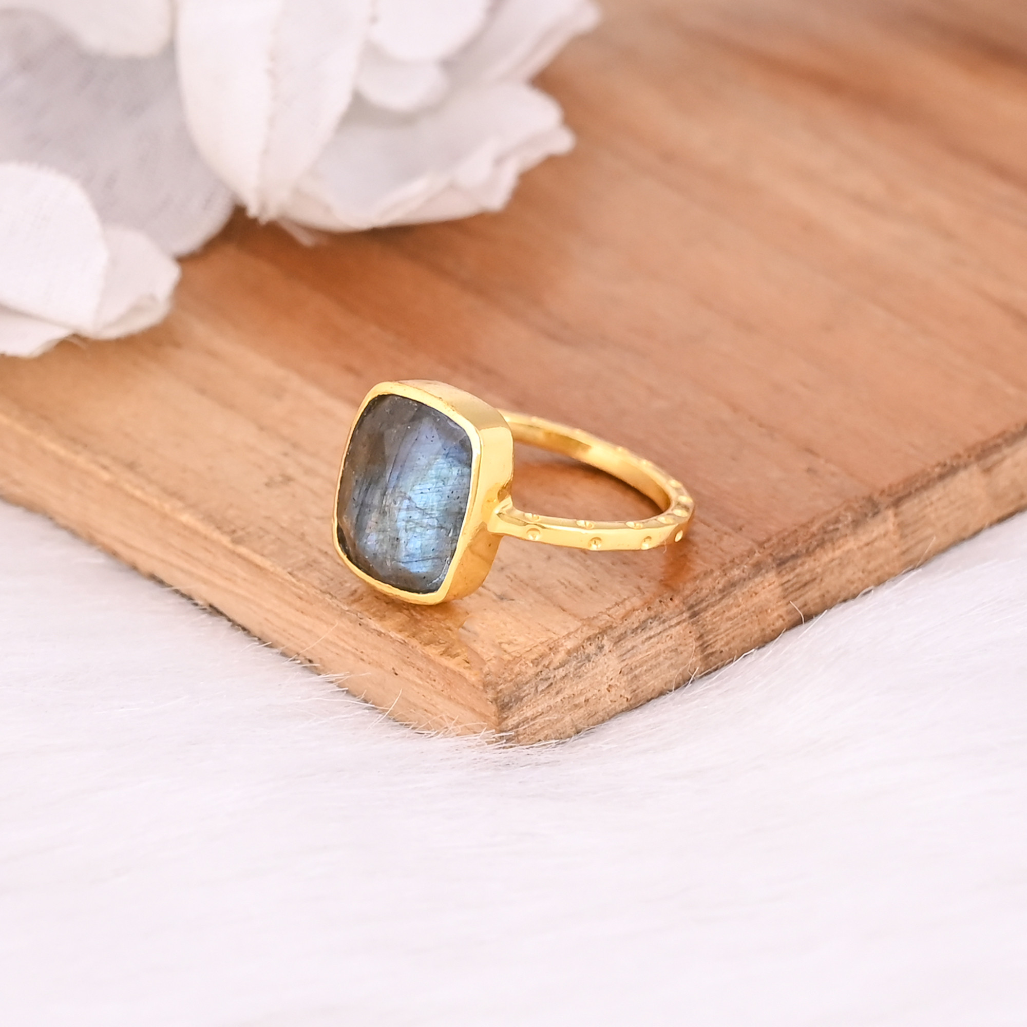 Natural Blue Labradorite Gemstone Solid 925 Sterling Silver Yellow Gold Plated Handmade Stacking Band Designer Ring