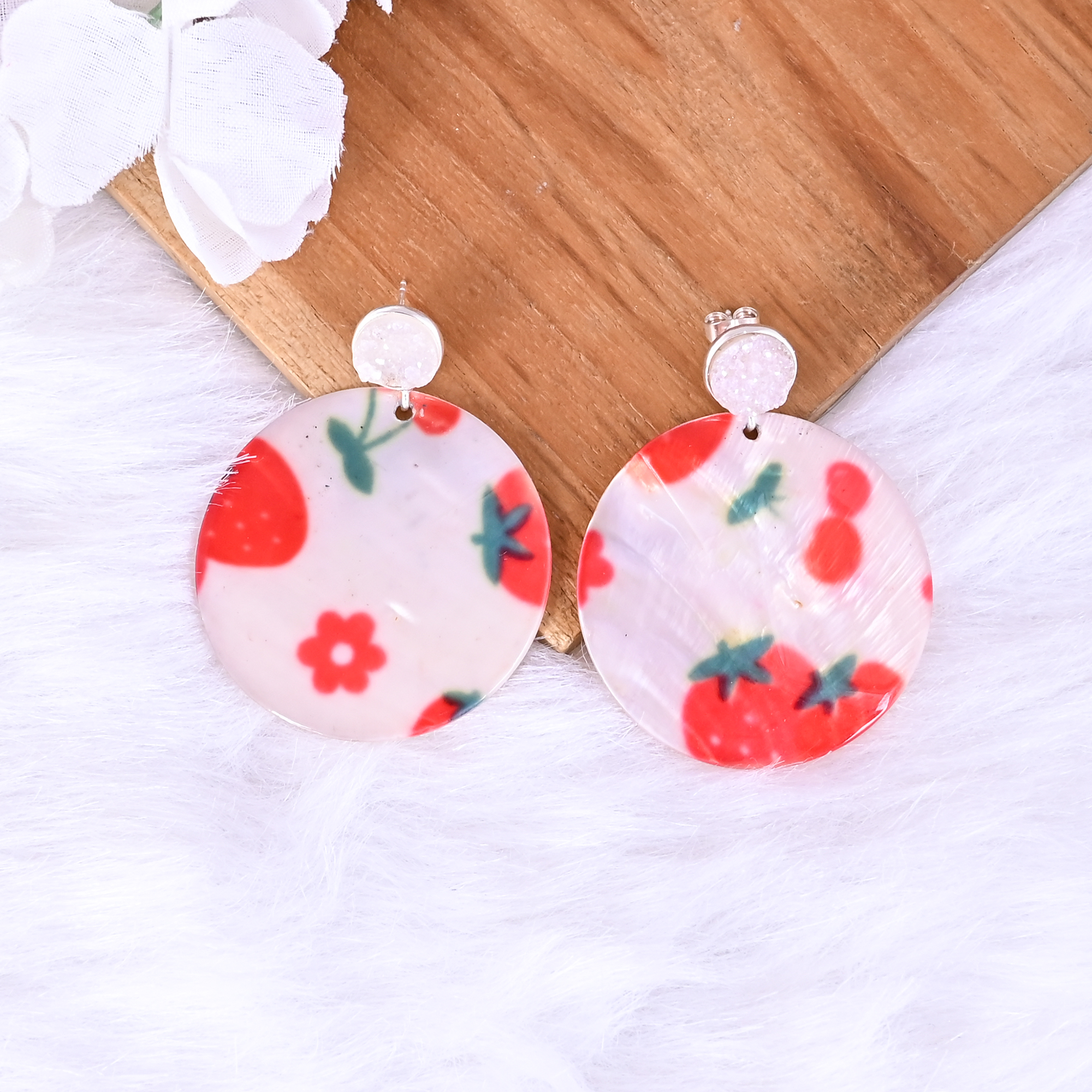 White Druzy  Mother of Pearl Resin Art Dangle Earring  925 Sterling Silver