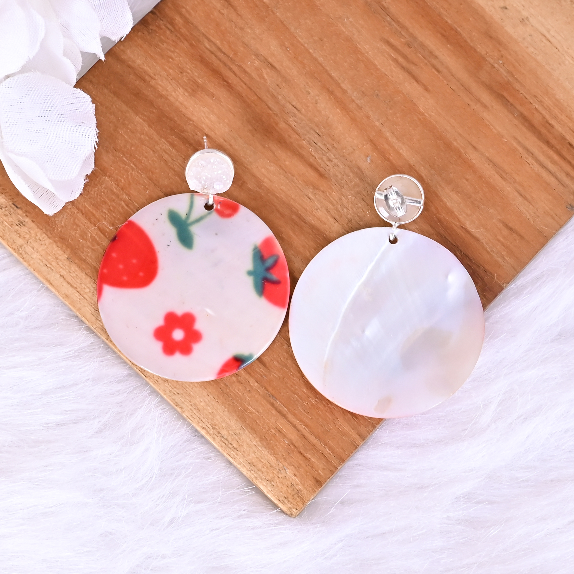 White Druzy  Mother of Pearl Resin Art Dangle Earring  925 Sterling Silver