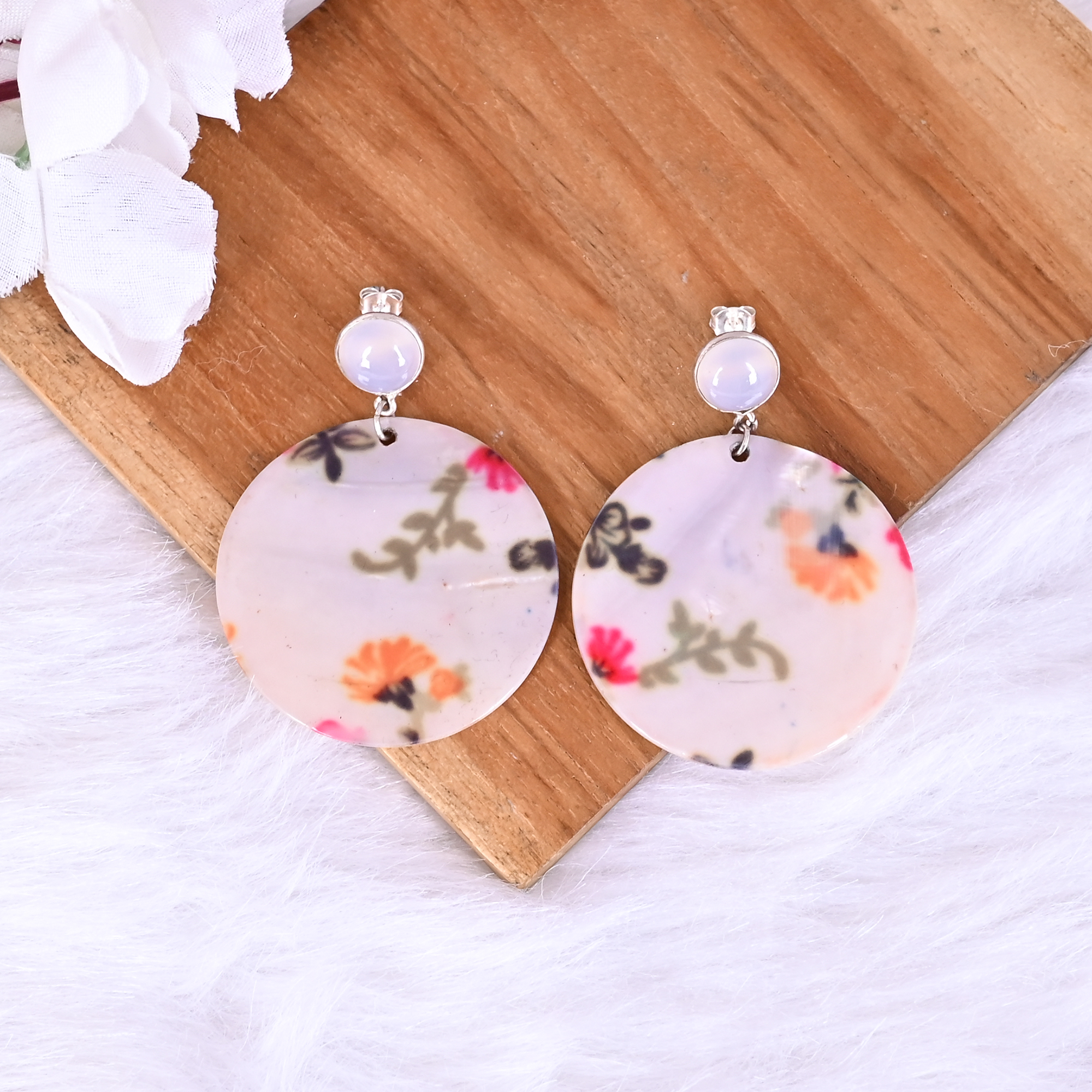 Natural Chalcedony   Mother of Pearl Resin Art Dangle Earring  925 Sterling Silver