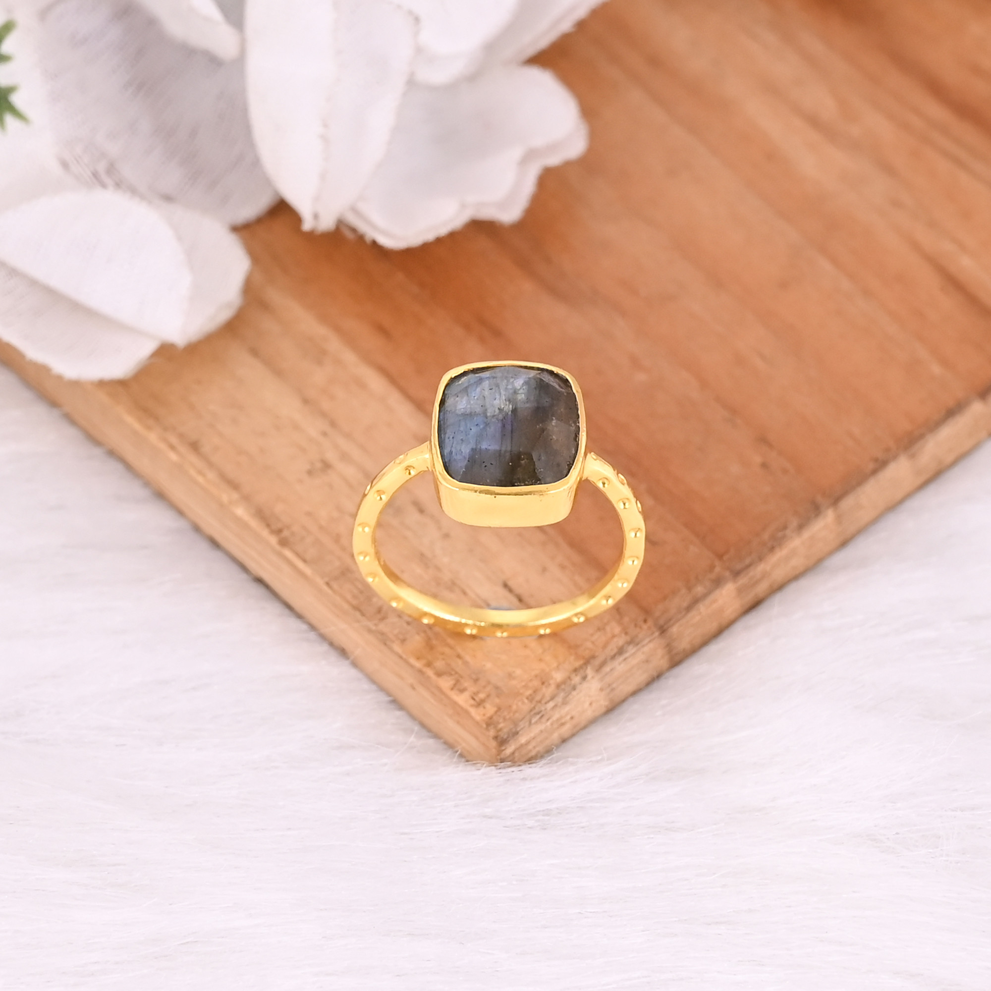 Natural Blue Labradorite Gemstone Solid 925 Sterling Silver Yellow Gold Plated Handmade Stacking Band Designer Ring