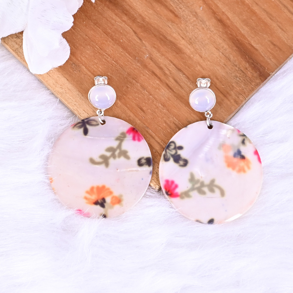 Image of Natural Chalcedony  &amp; Mother of Pearl Resin Art Dangle Earring | 925 Sterling Silver