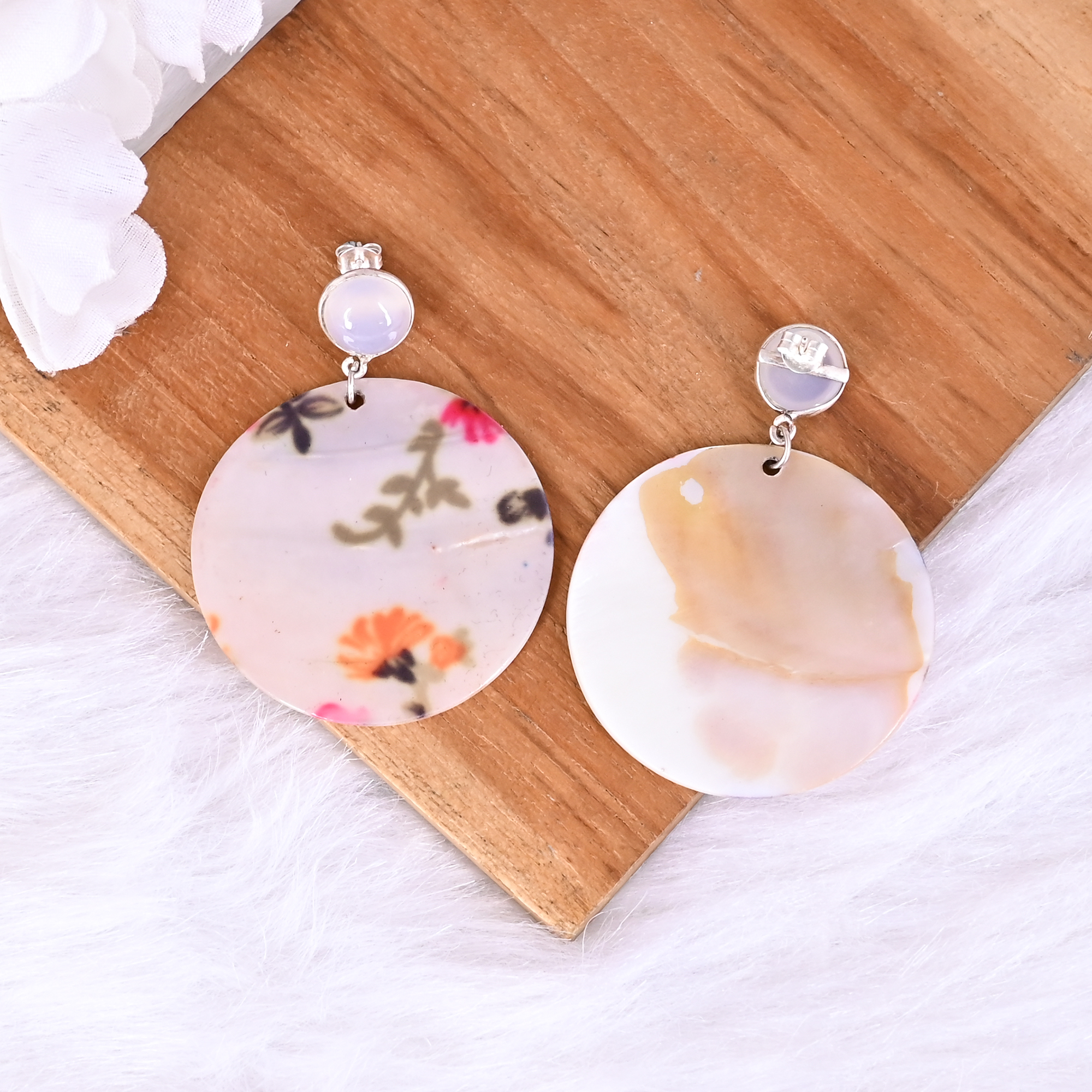 Natural Chalcedony   Mother of Pearl Resin Art Dangle Earring  925 Sterling Silver