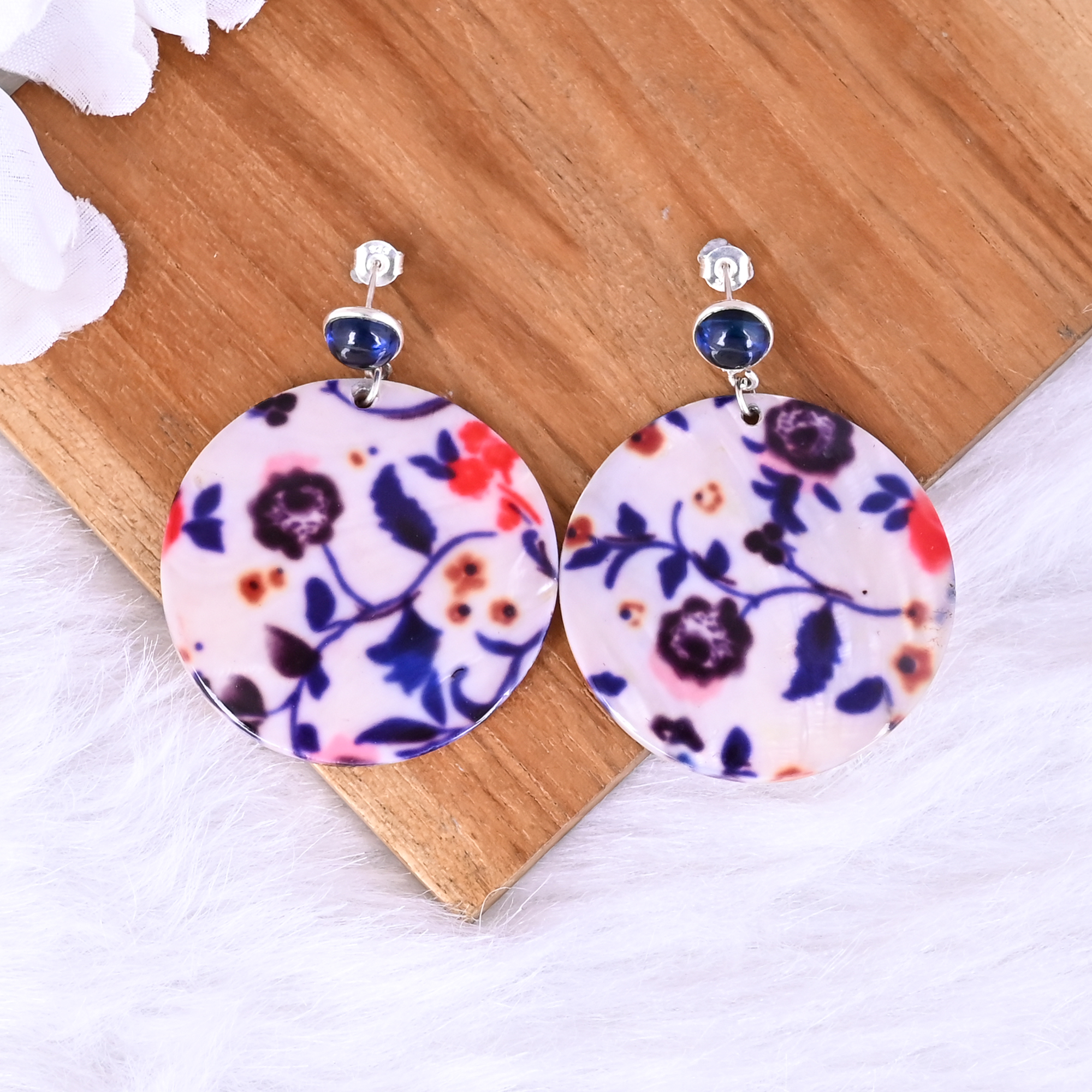 Ink Blue Hydro Mother of Pearl Resin Art Dangle Earring 925 Sterling Silver