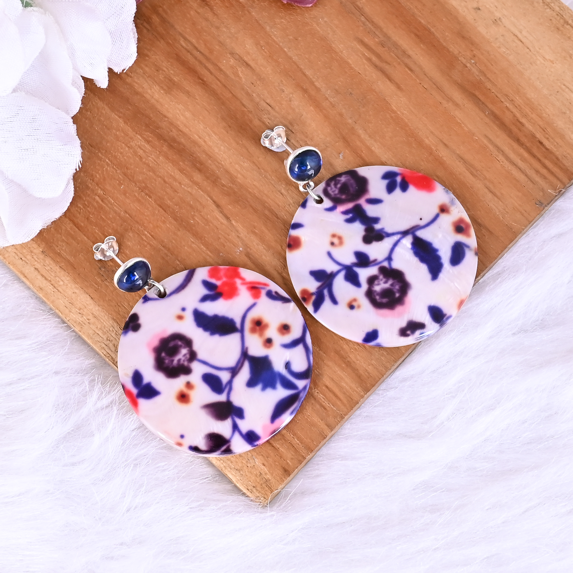 Ink Blue Hydro Mother of Pearl Resin Art Dangle Earring 925 Sterling Silver