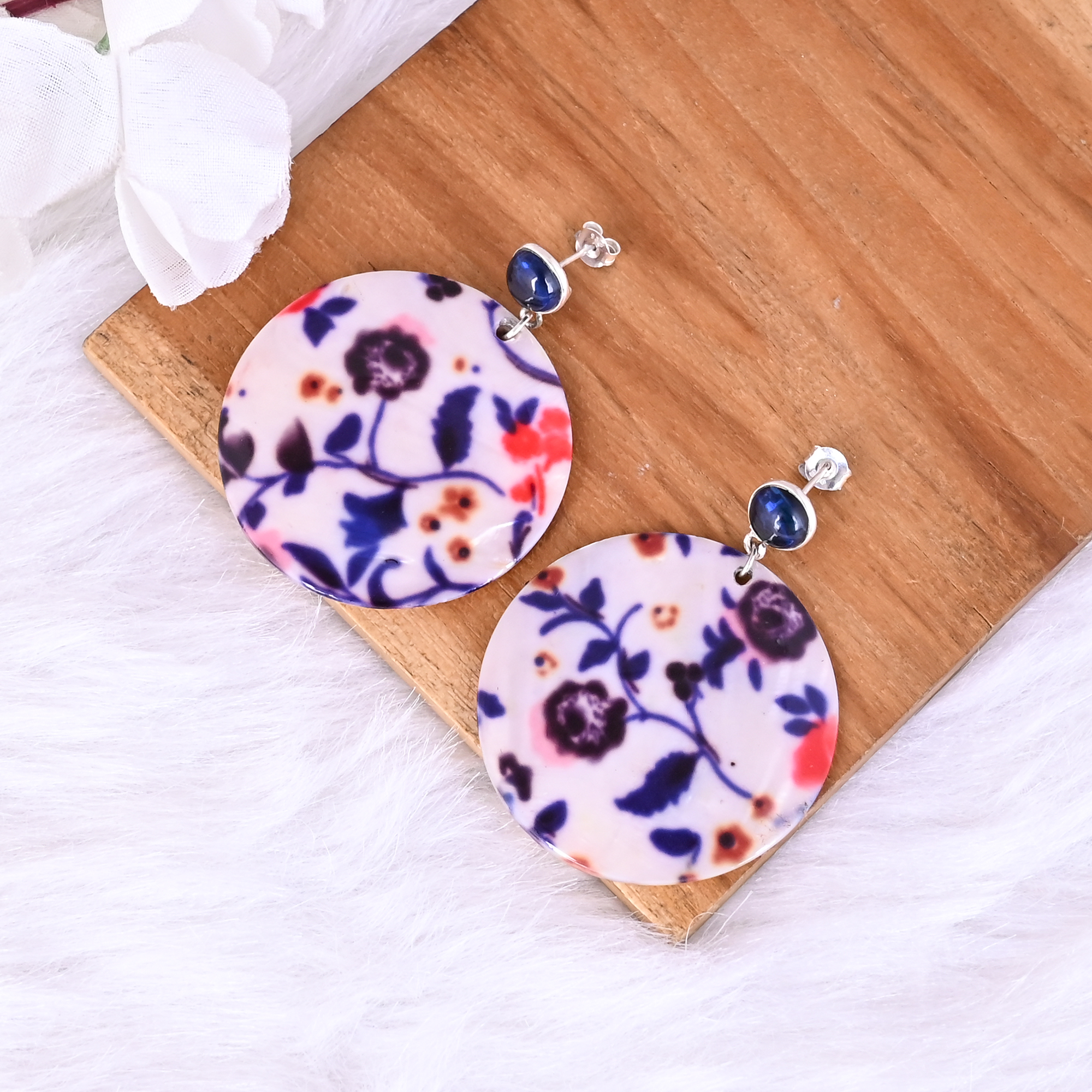 Ink Blue Hydro Mother of Pearl Resin Art Dangle Earring 925 Sterling Silver