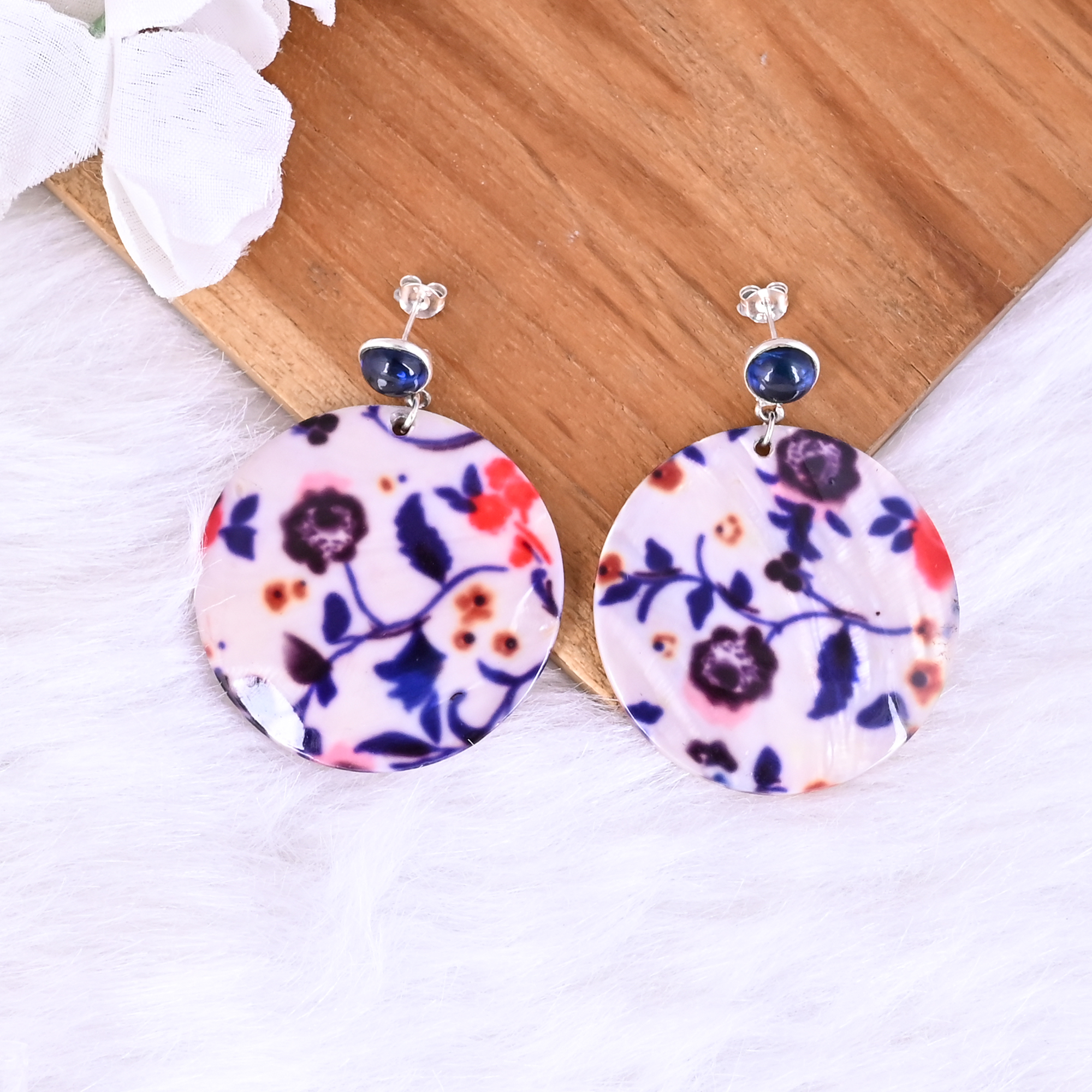 Ink Blue Hydro   Mother of Pearl Resin Art Dangle Earring  925 Sterling Silver